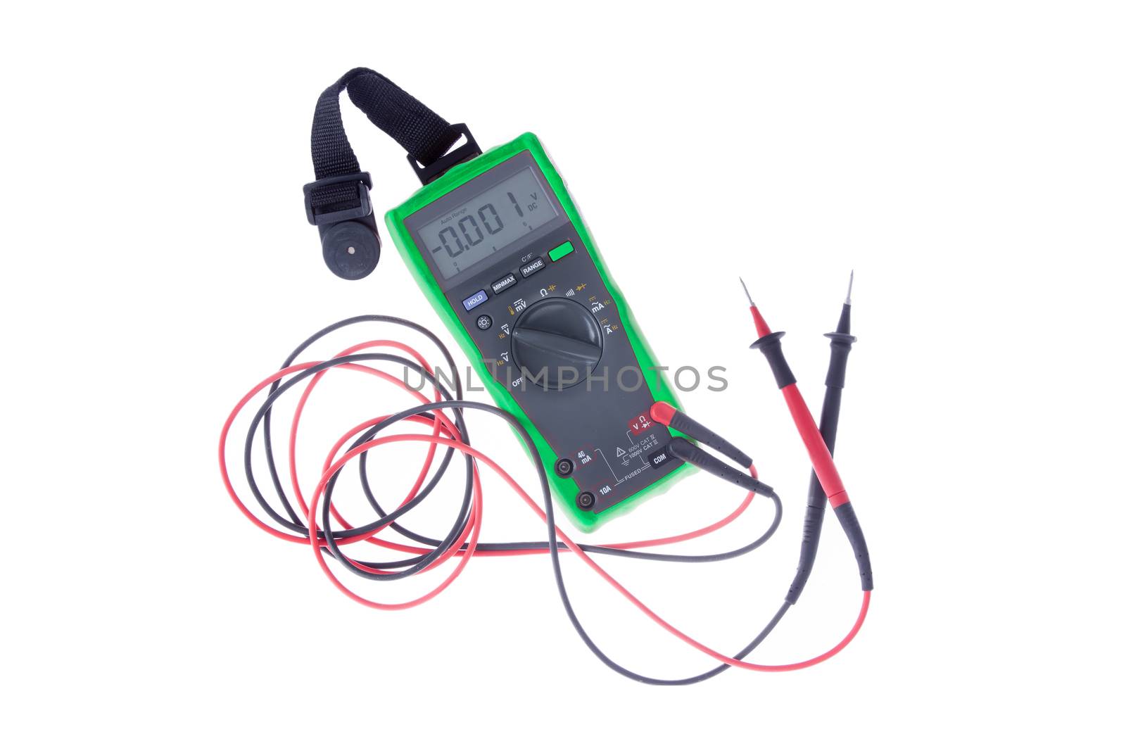 High Angle Still Life View of Neon Green Voltometer Isolated Cut Out on White Background
