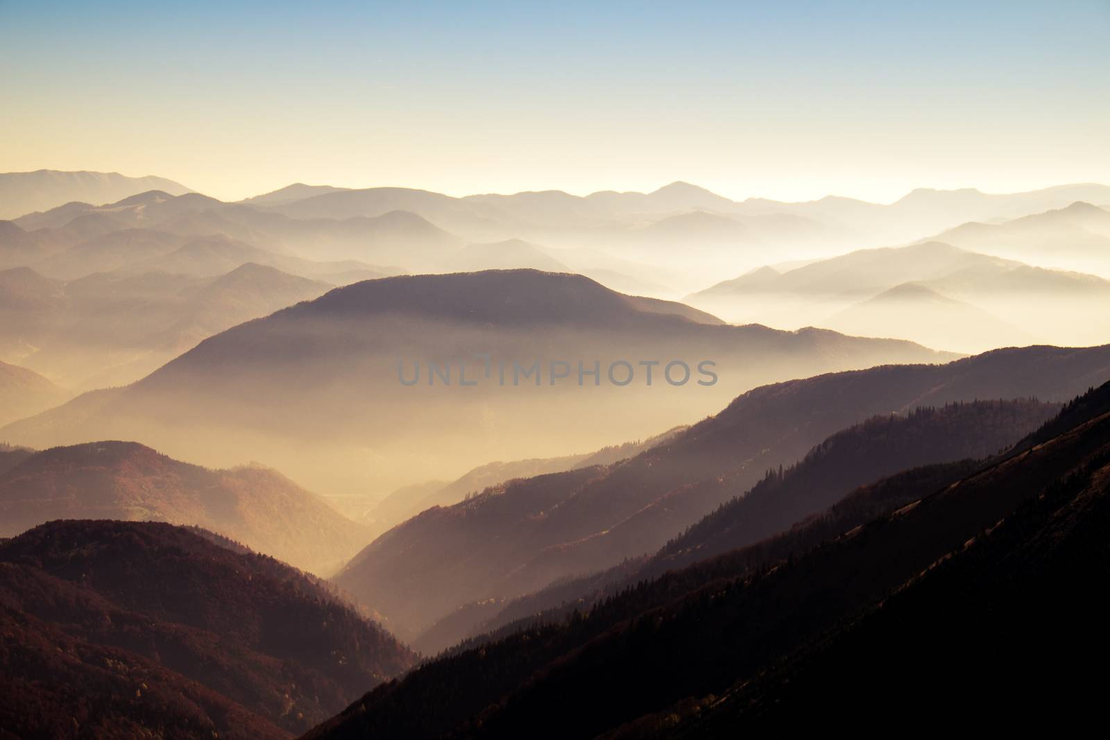 Scenic view of misty autumn hills and mountains in Mala Fatra, Slovakia