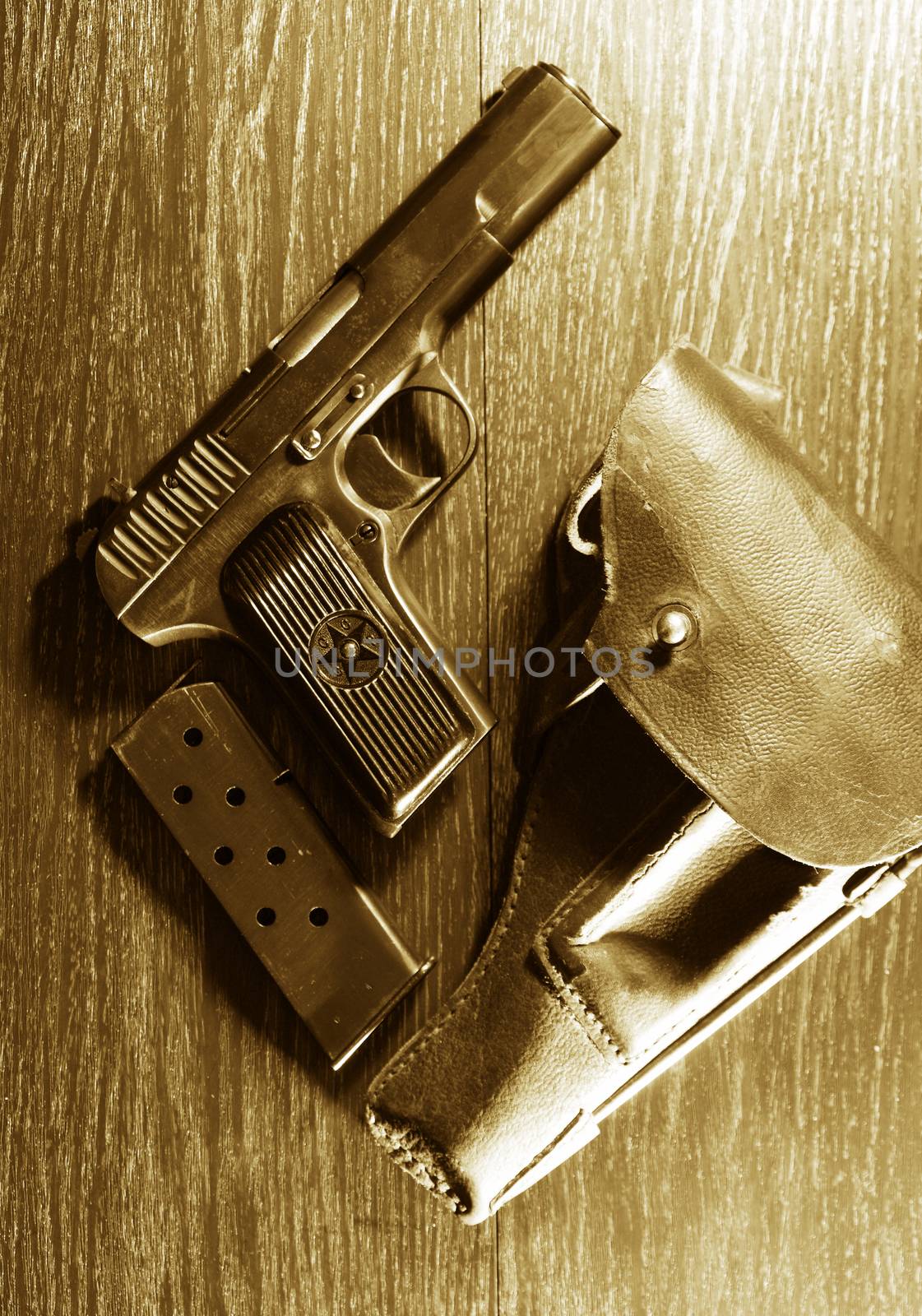 World War II Soviet equipment. Leather handgun holster and pistol