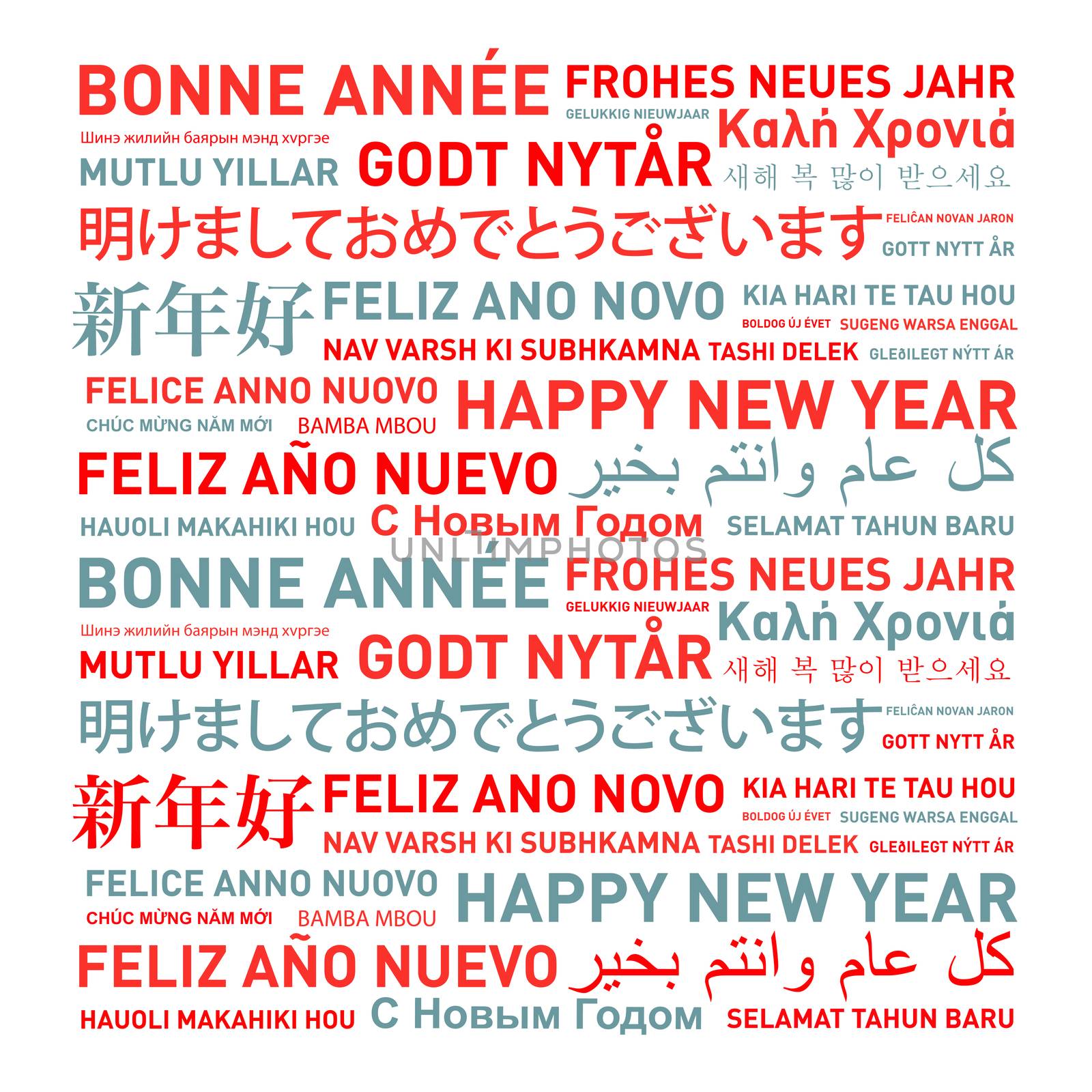 Happy new year card from the world in different languages