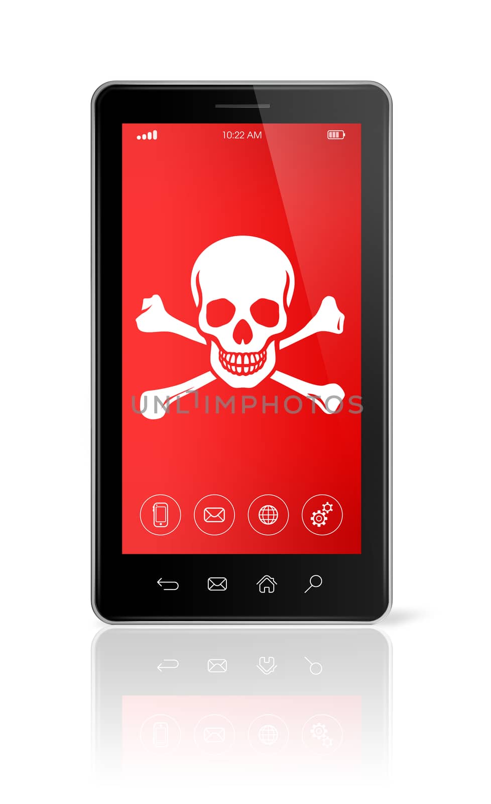 3D smartphone with a pirate symbol on screen. Hacking concept