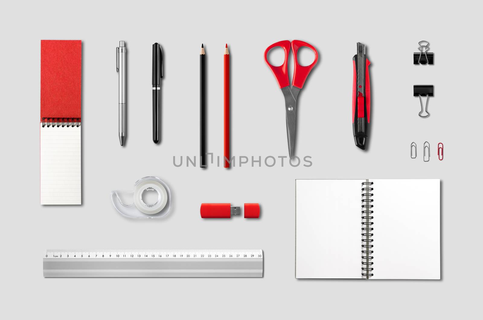 Stationery, office supplies mockup template, isolated on grey background