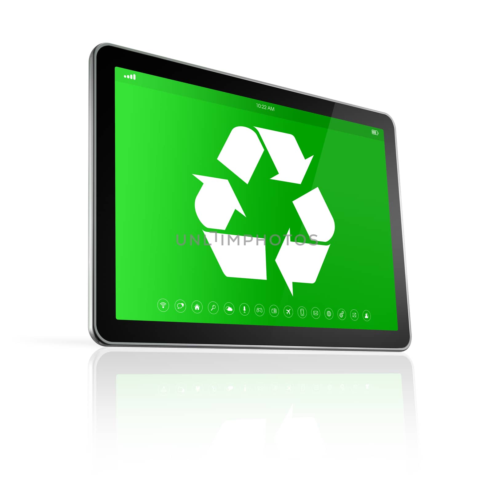 3D Digital tablet PC with a recycling symbol on screen. environmental conservation concept