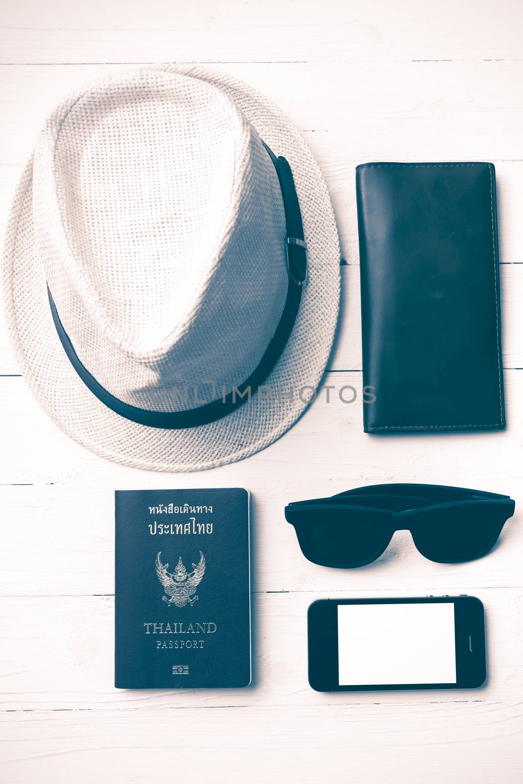 hat sunglasses smart phone and passport vintage style by ammza12