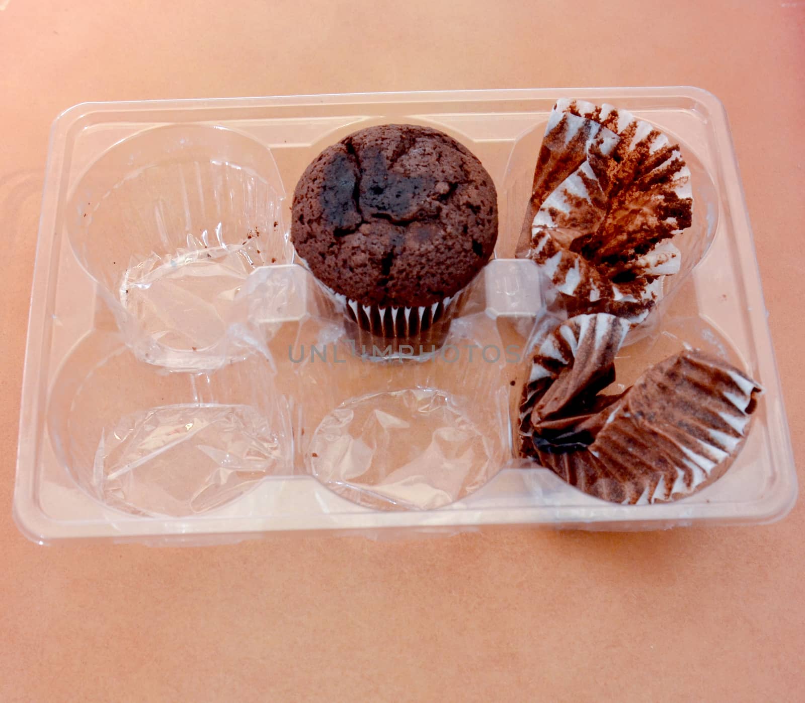 picture of a chocolate muffin on wood background