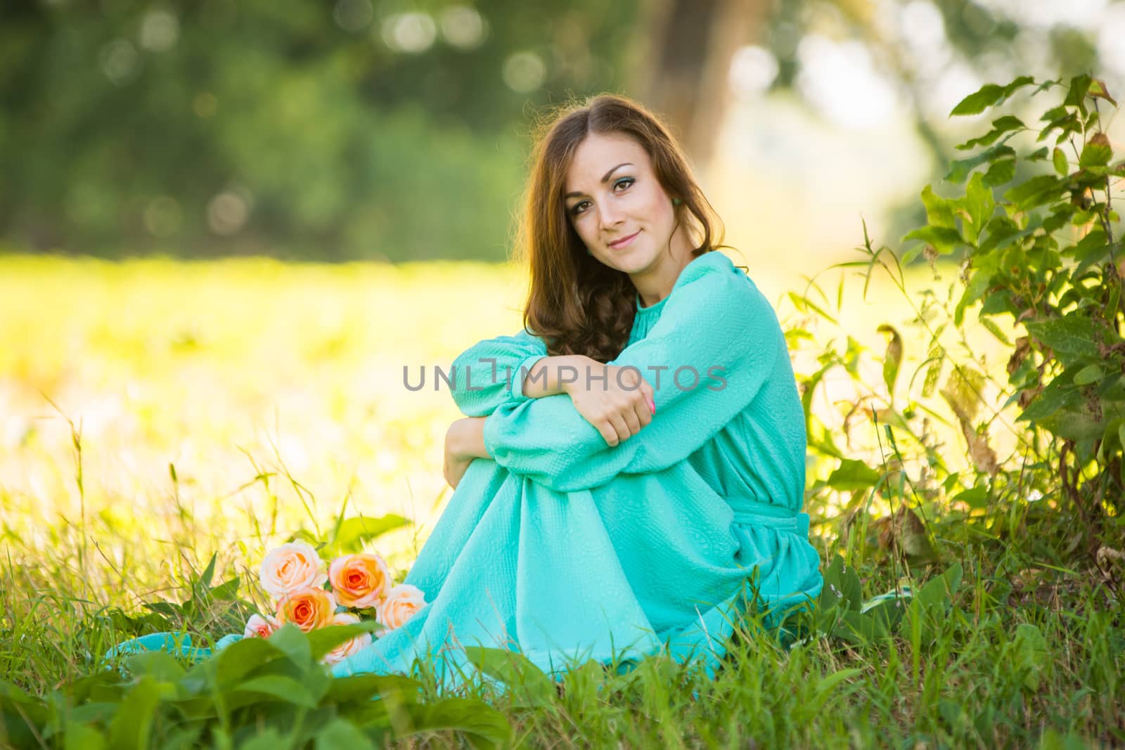 A beautiful girl sitting under the shade of trees, lies at the feet of her a bouquet of roses by Madhourse