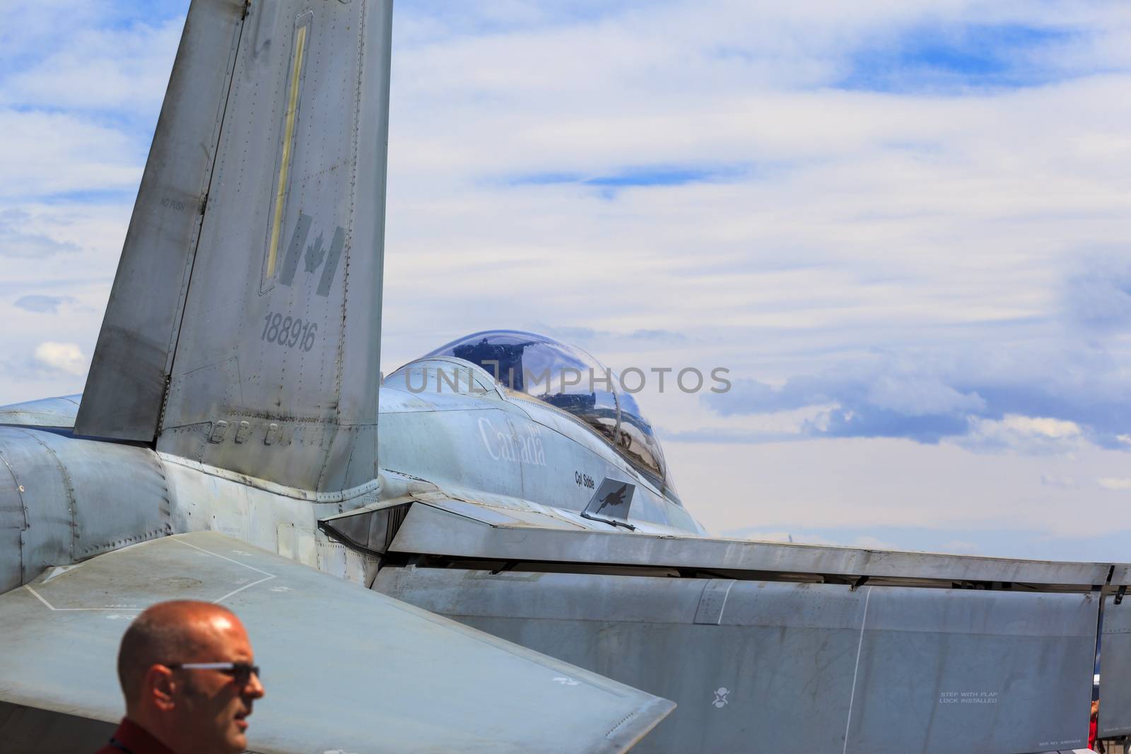 LETHBRIDGE CANADA - JUN 25, 2015: Royal Canadian Air Force CF-18 Hornet tactical fighter aircraft displaying flight agility at the Wing Over Lethbridge  Airshow