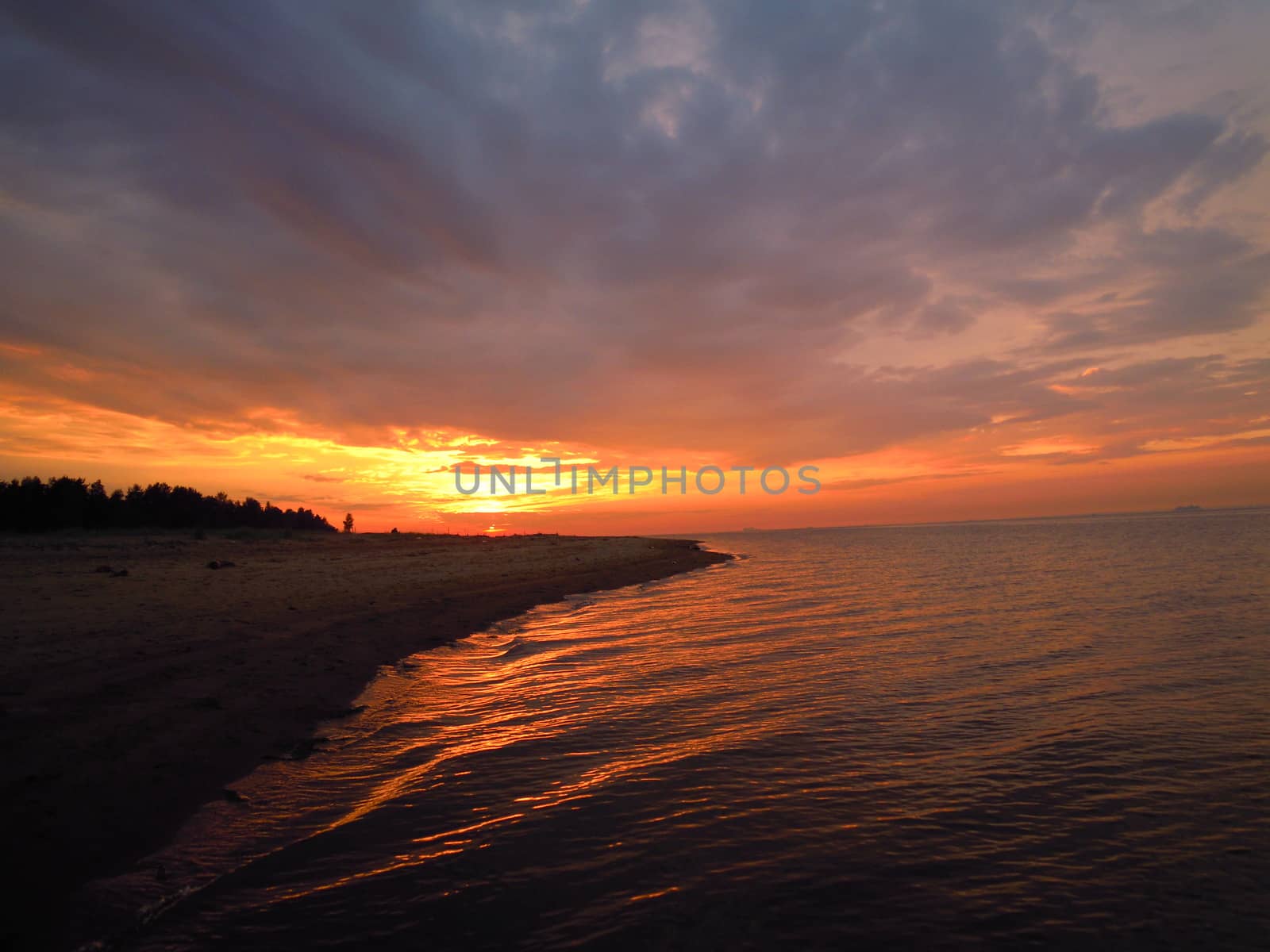 Sunset on the shore of the Gulf of Finland, Leningrad region, Russia.