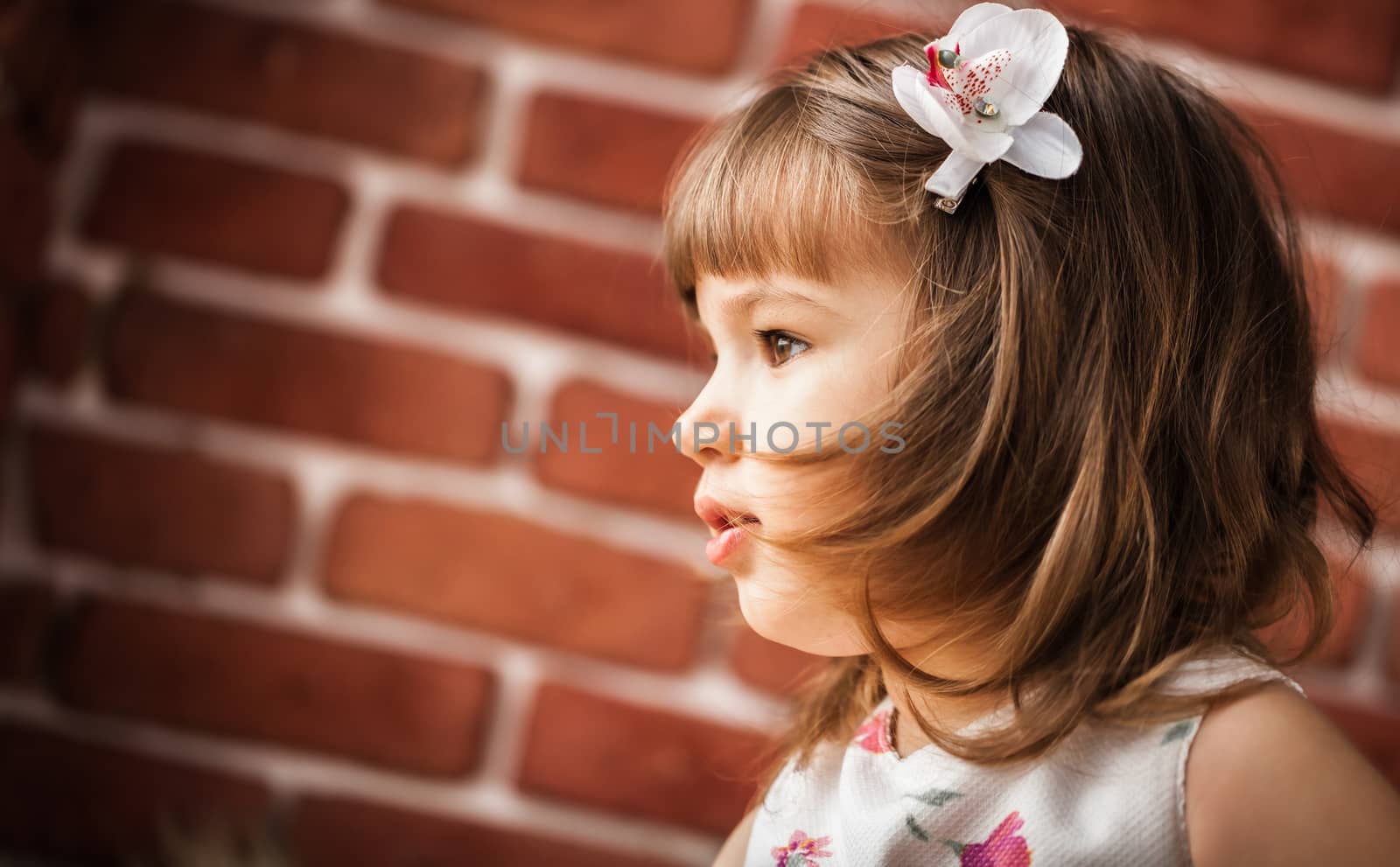 portrait of a baby on the background brick wall