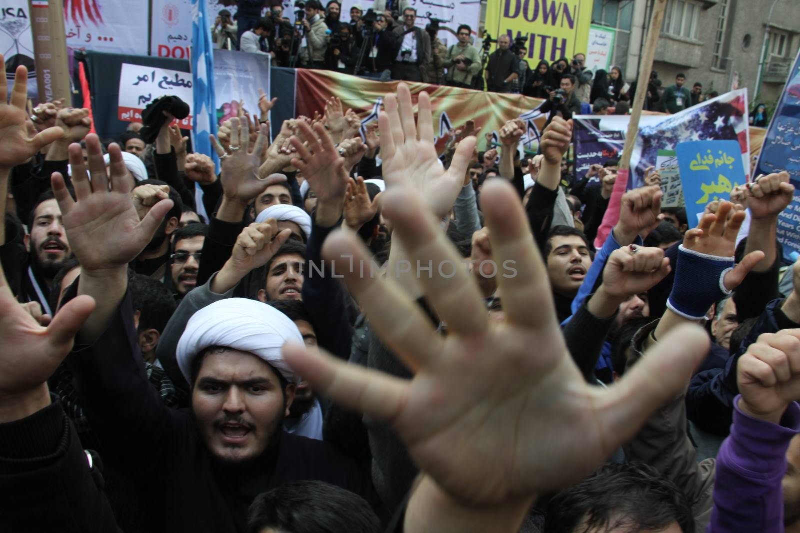 IRAN, Tehran: Protesters shout 'Down with USA' as hundreds of people march in front of the former US embassy in Tehran, during the '13 Aban' (4th of November in english), on November 4, 2015, to commemorate the anniversary of the 1979 US embassy taking.
