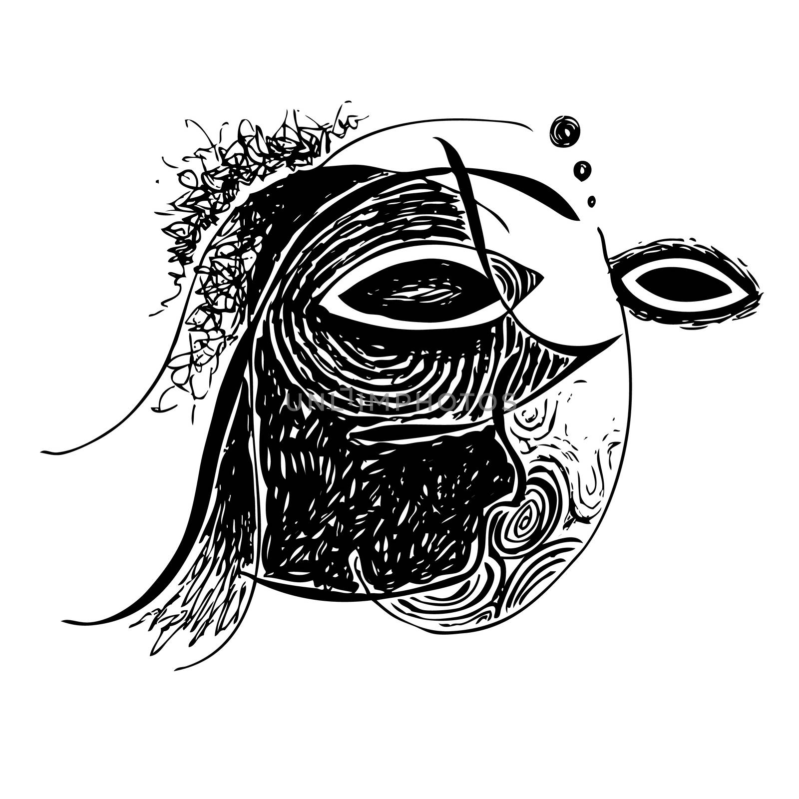 Freehand illustration of abstract design face on white background, doodle hand drawn