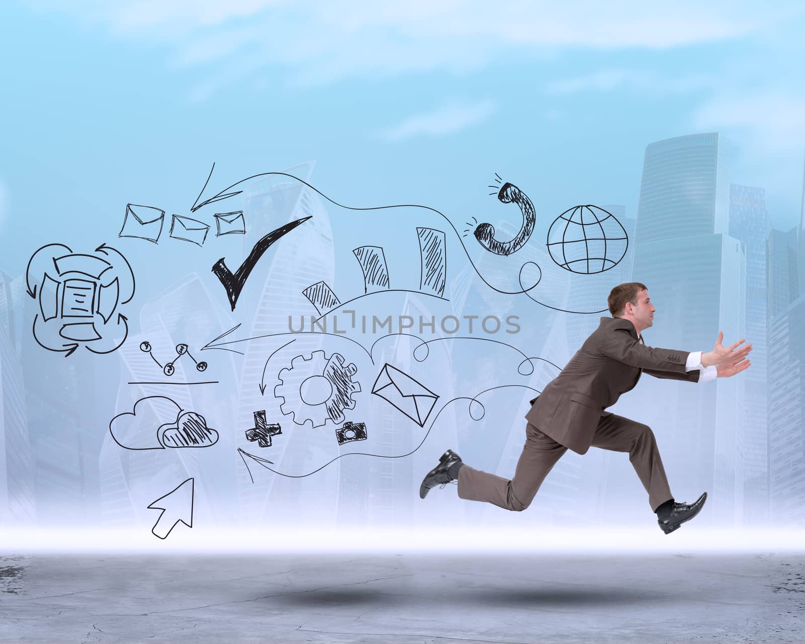 Businessman running fast on abstract background with symbols