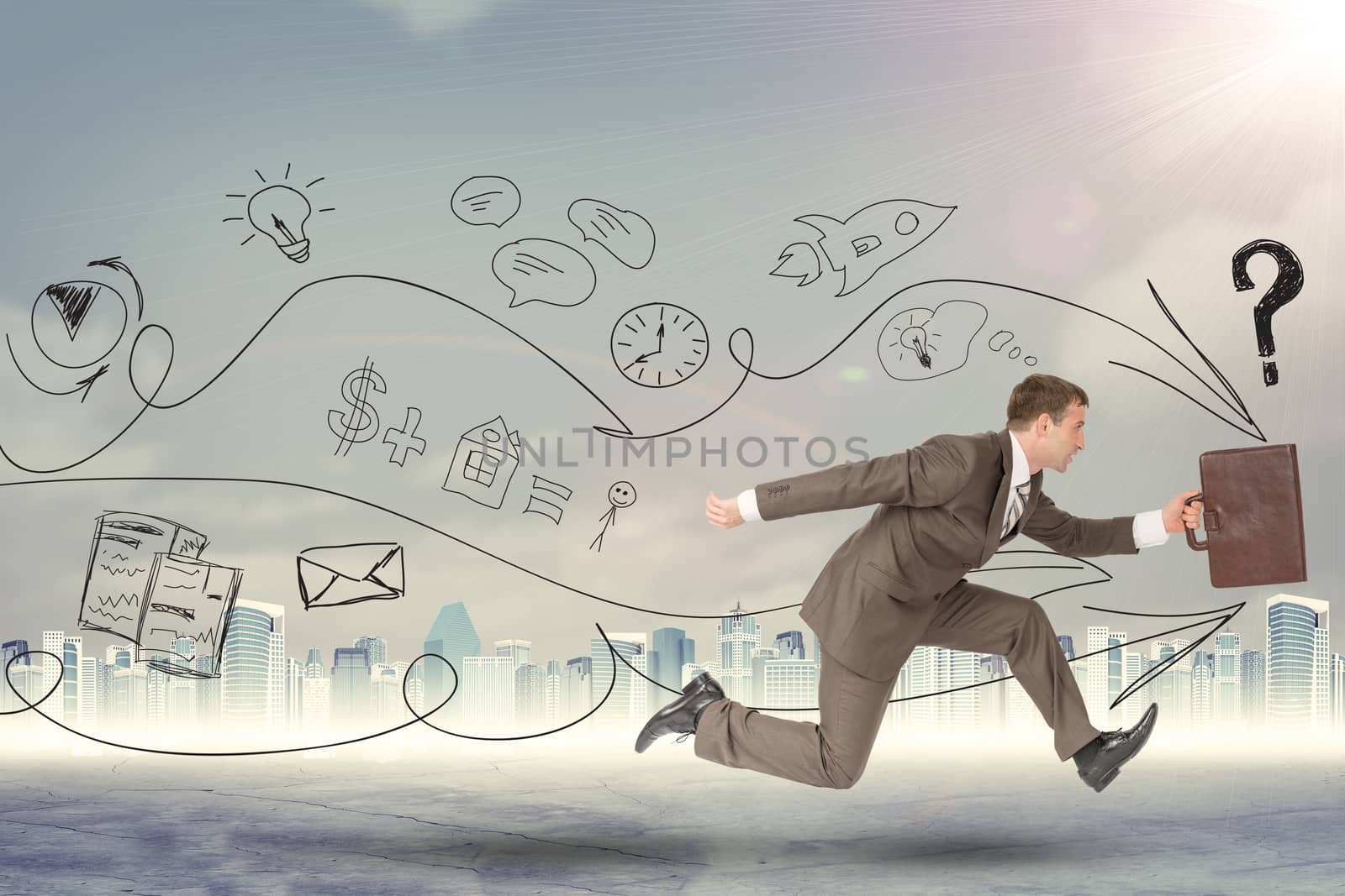 Businessman running with case on grey by cherezoff