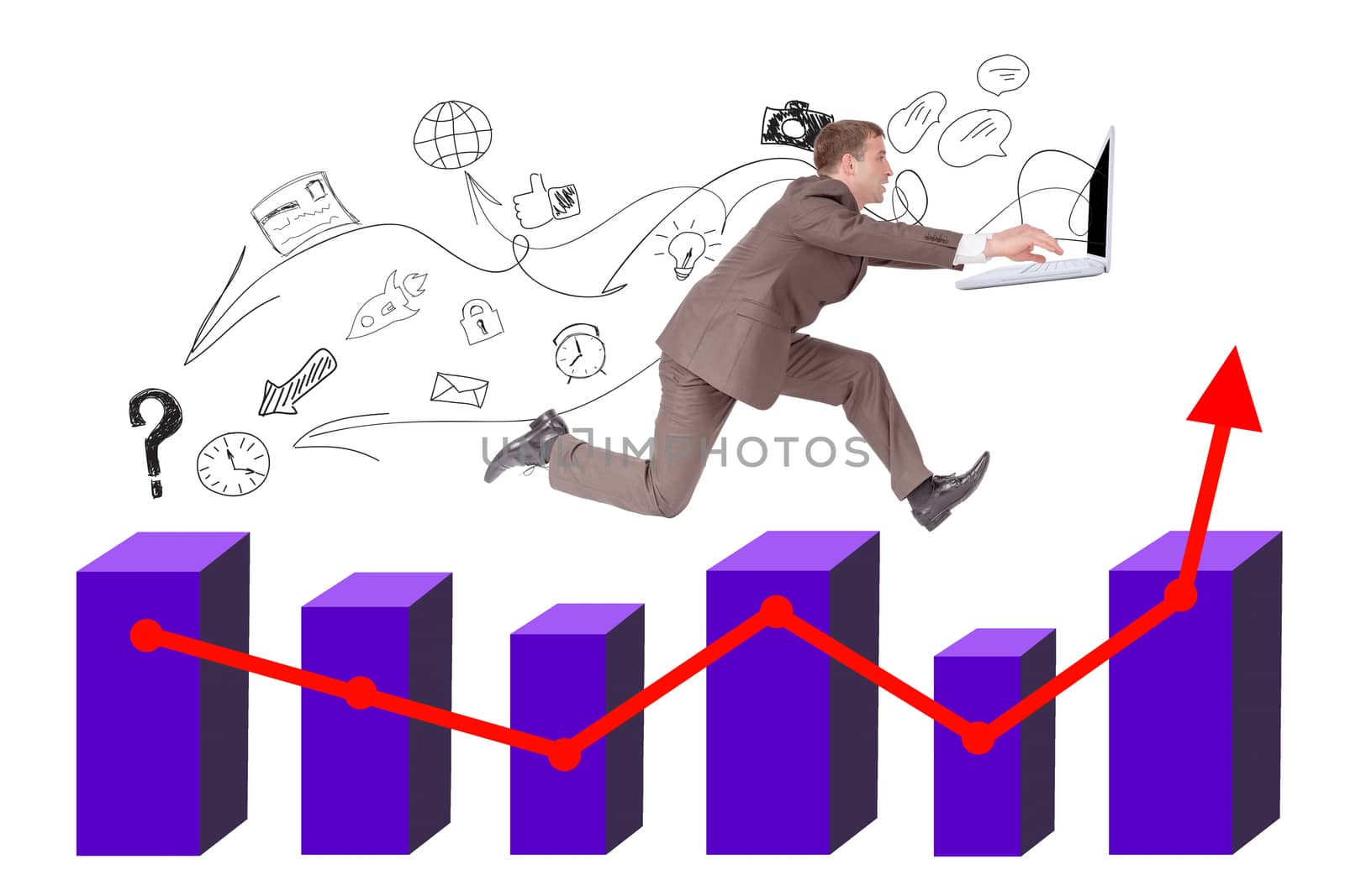 Businessman running with laptop on graph on isolated white background