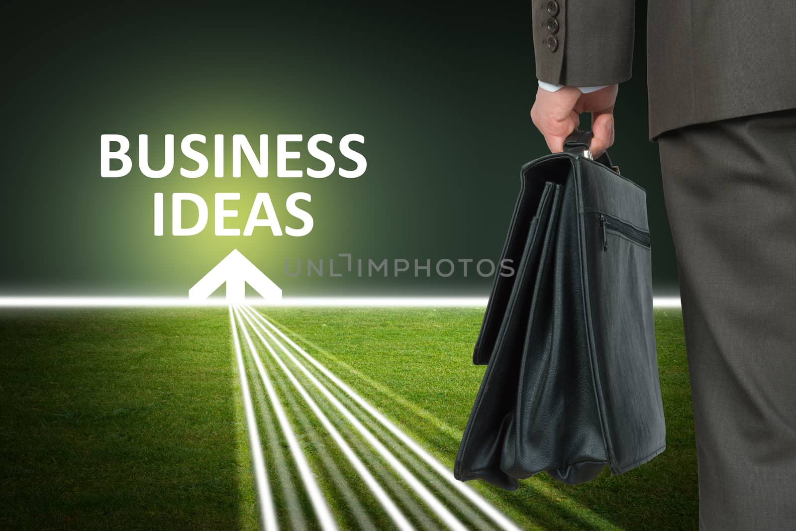 Businessman with case and business ideas words by cherezoff