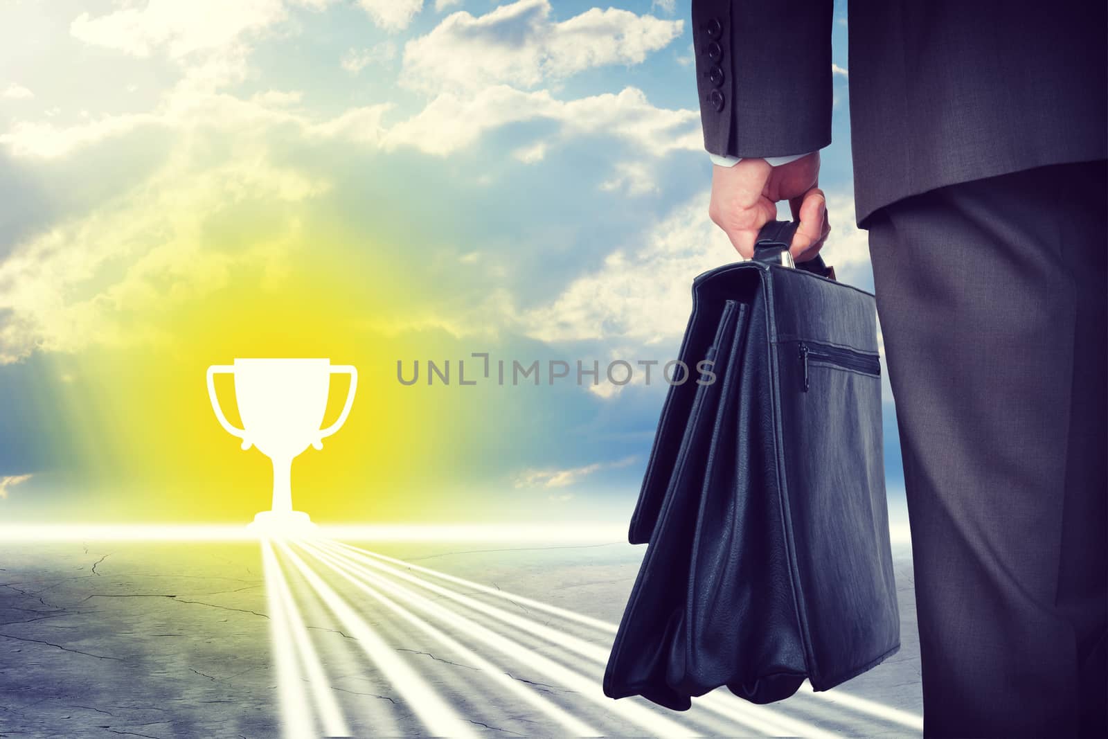 Businessman with suitcase and winner cup symbol by cherezoff