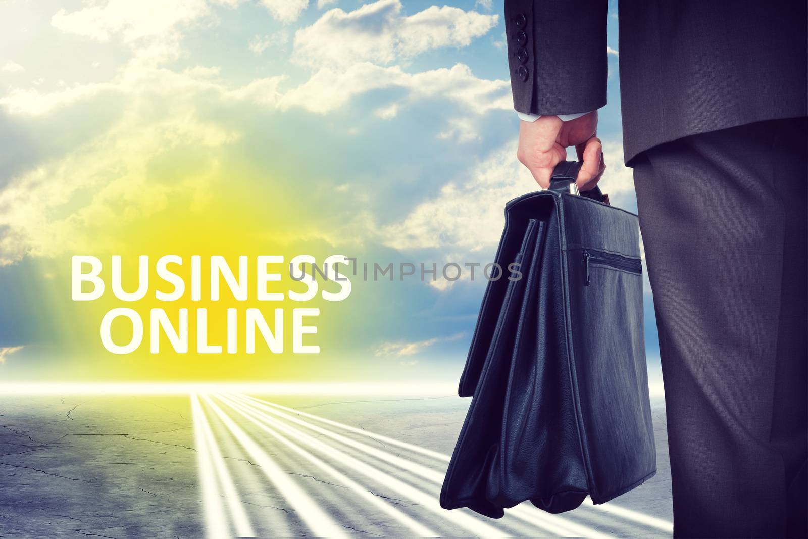 Man with suitcase and words online business  by cherezoff