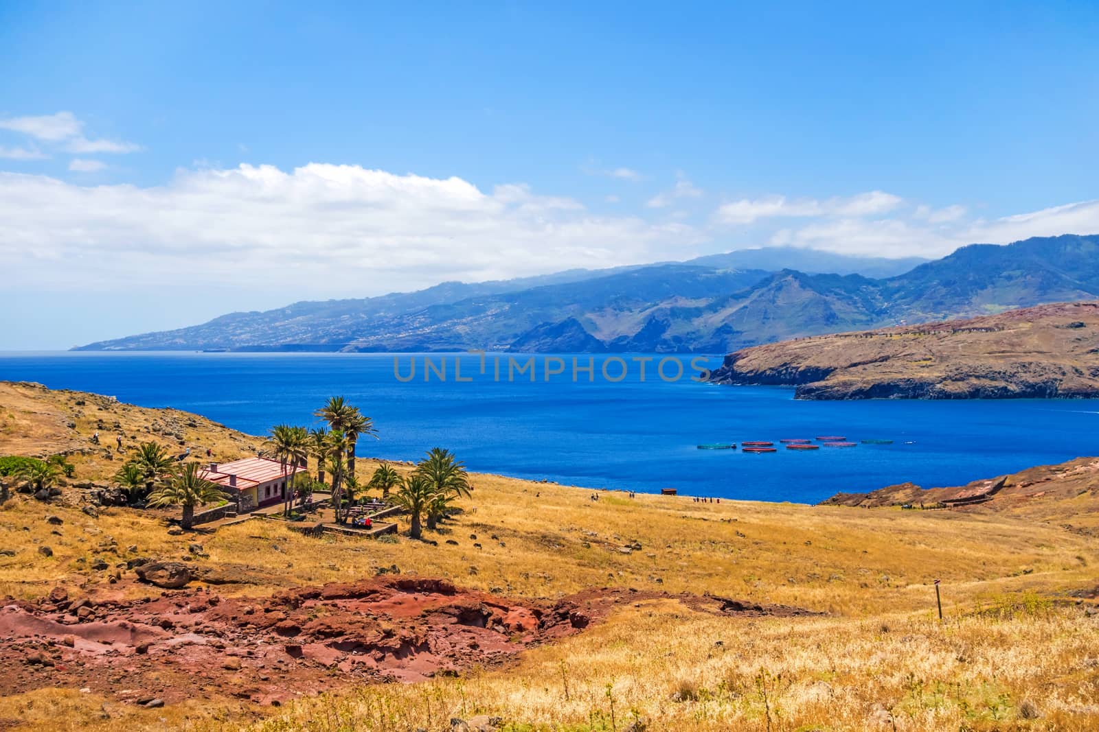 Mountainous landscape / lonely house / ranch with palms - peninsula Ponta de Sao Lourenco - east of Madeira. Airport in the background