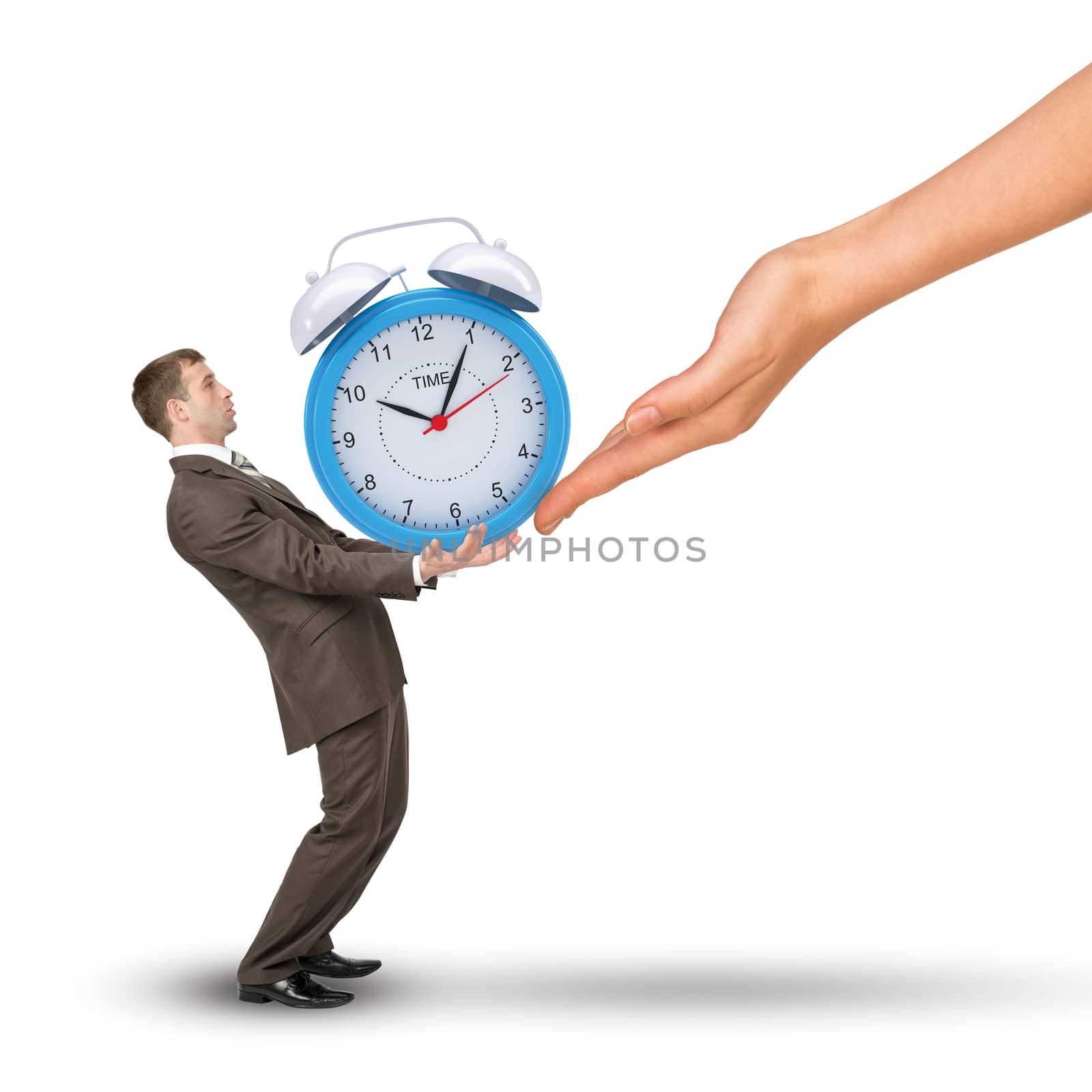 Hand giving alarm clock to businessman on isolated white background