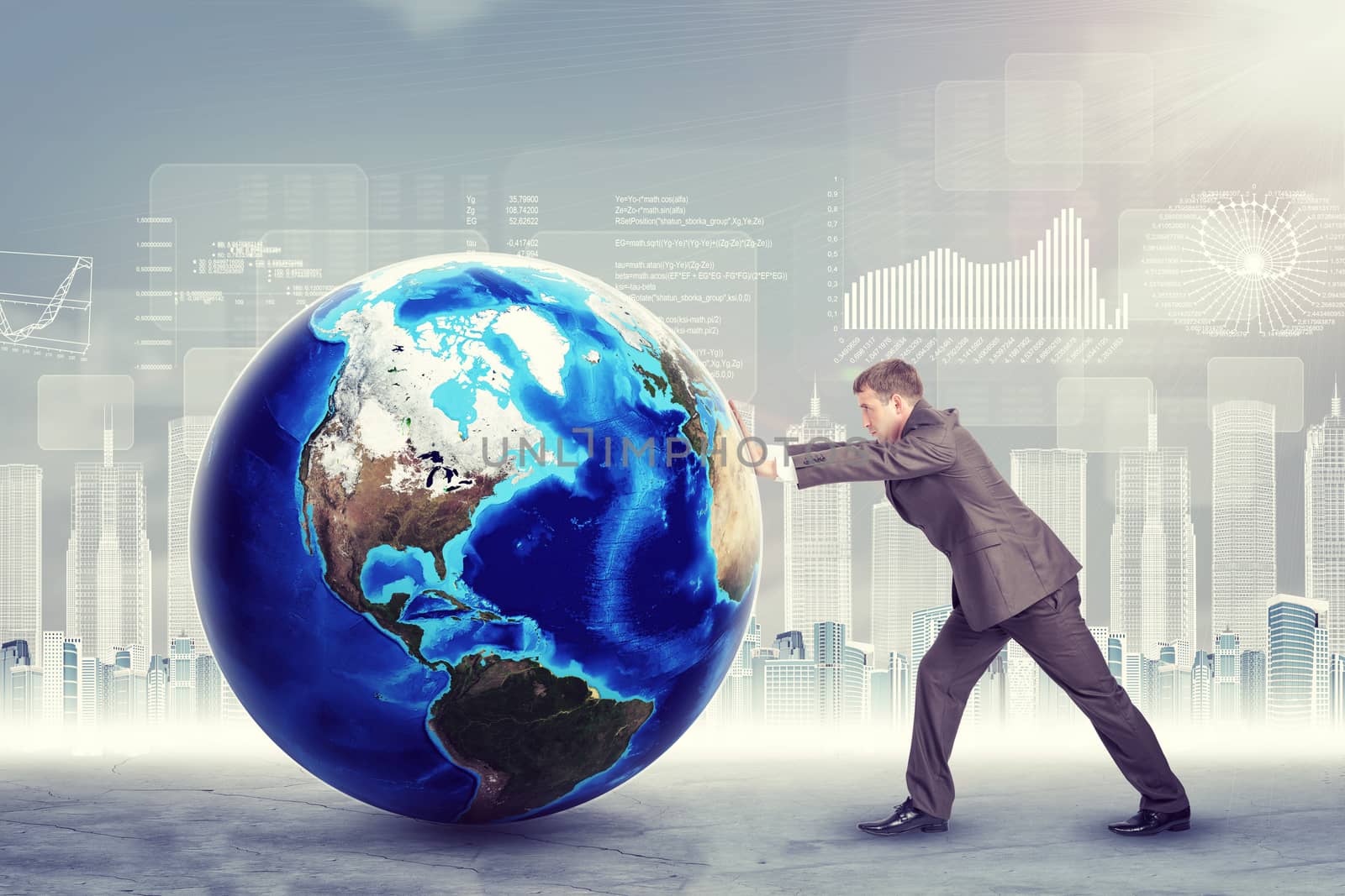 Businessman pushing planet by cherezoff