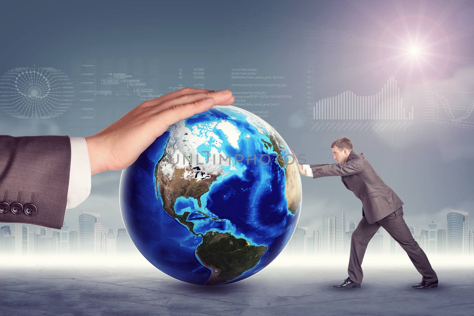 Businessman pushing planet with mans hand by cherezoff