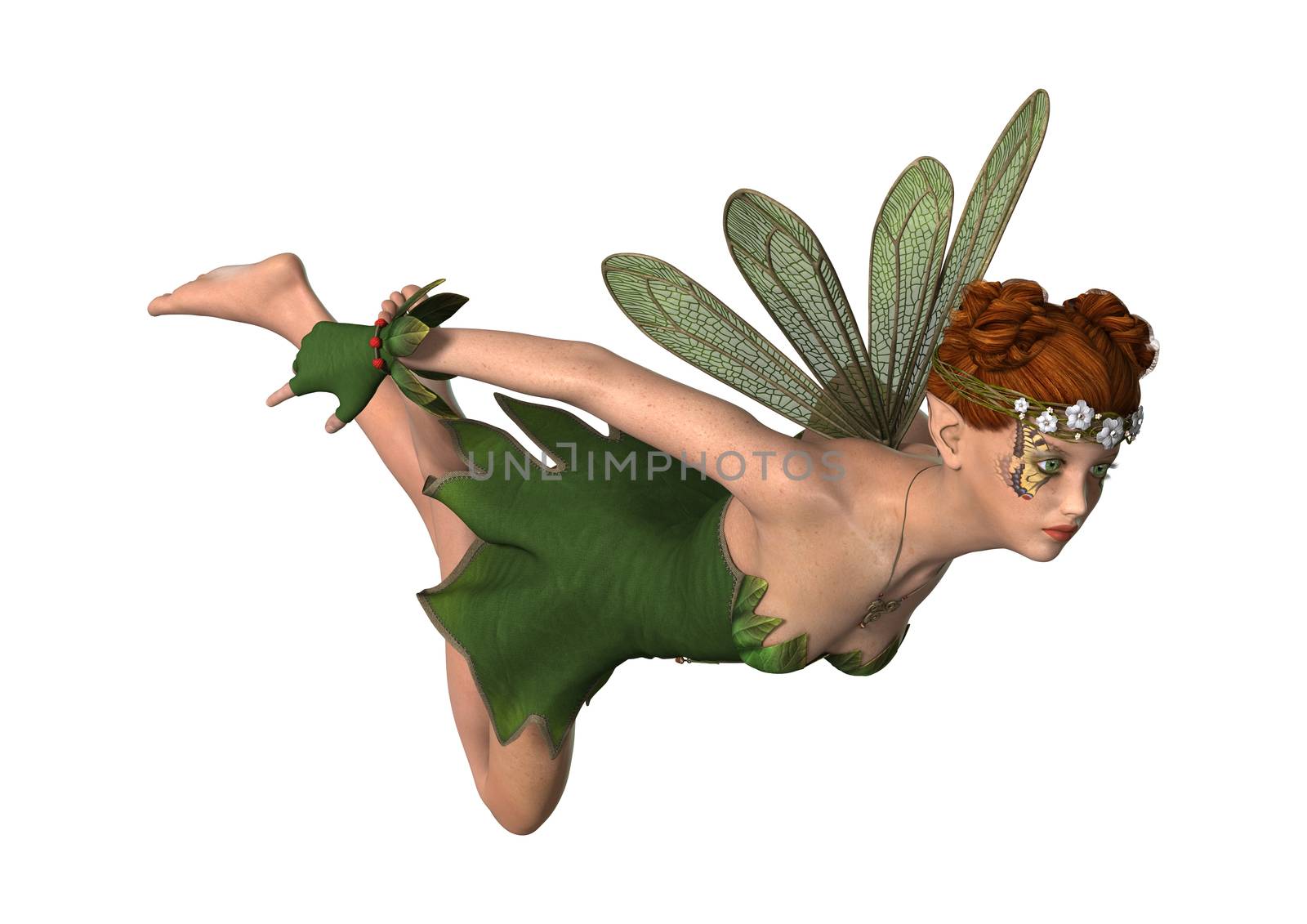 3D digital render of a green fantasy spring fairy isolated on white background