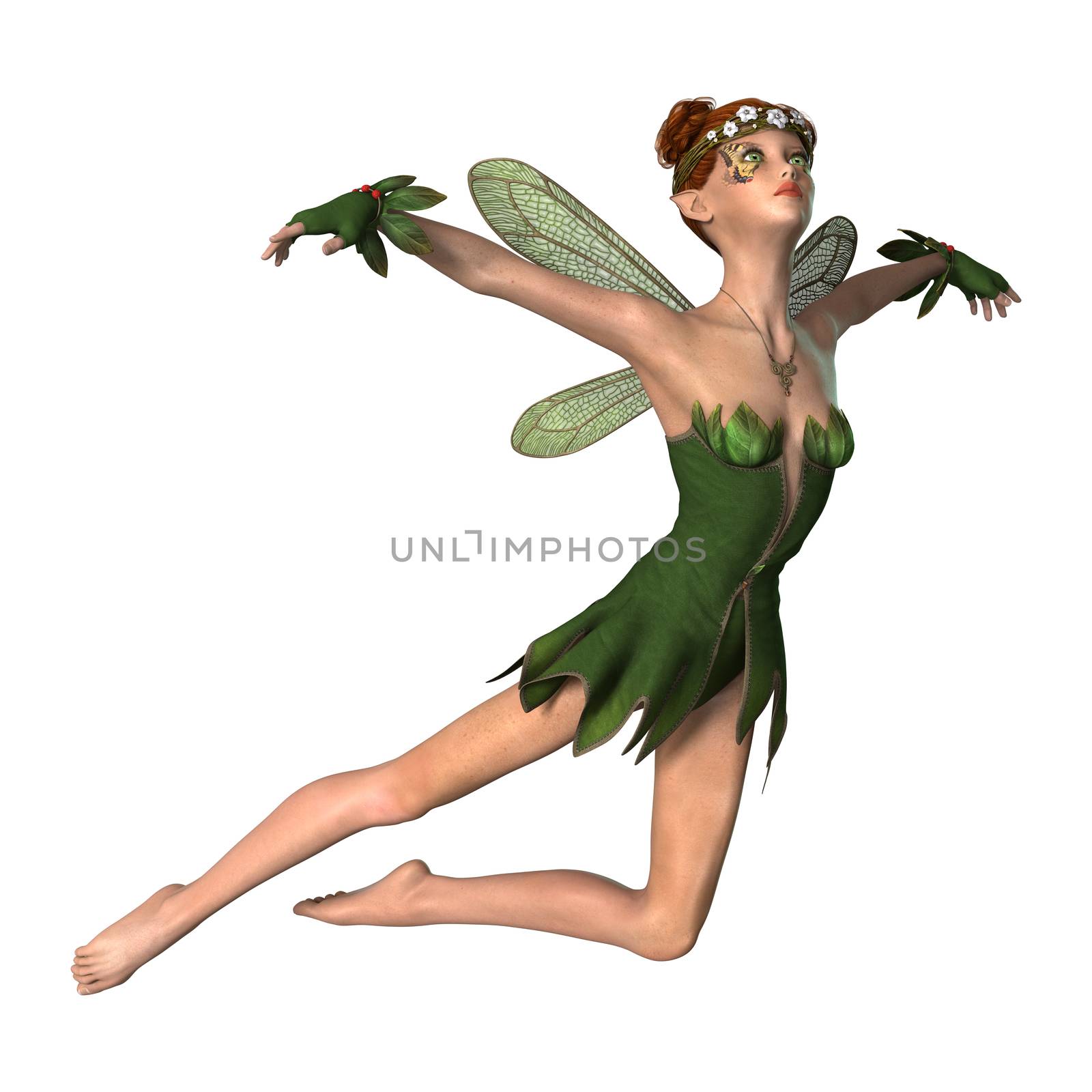 3D digital render of a green fantasy spring fairy isolated on white background