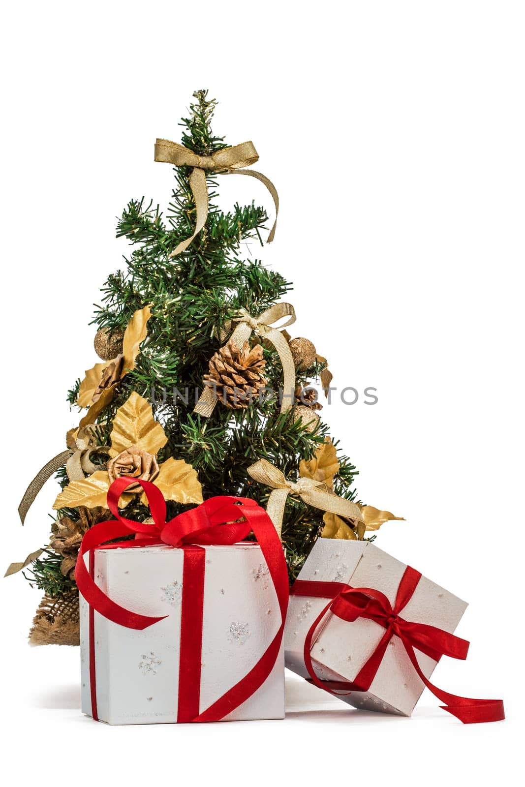 Decorated Christmas tree and gifts, isolated on white background