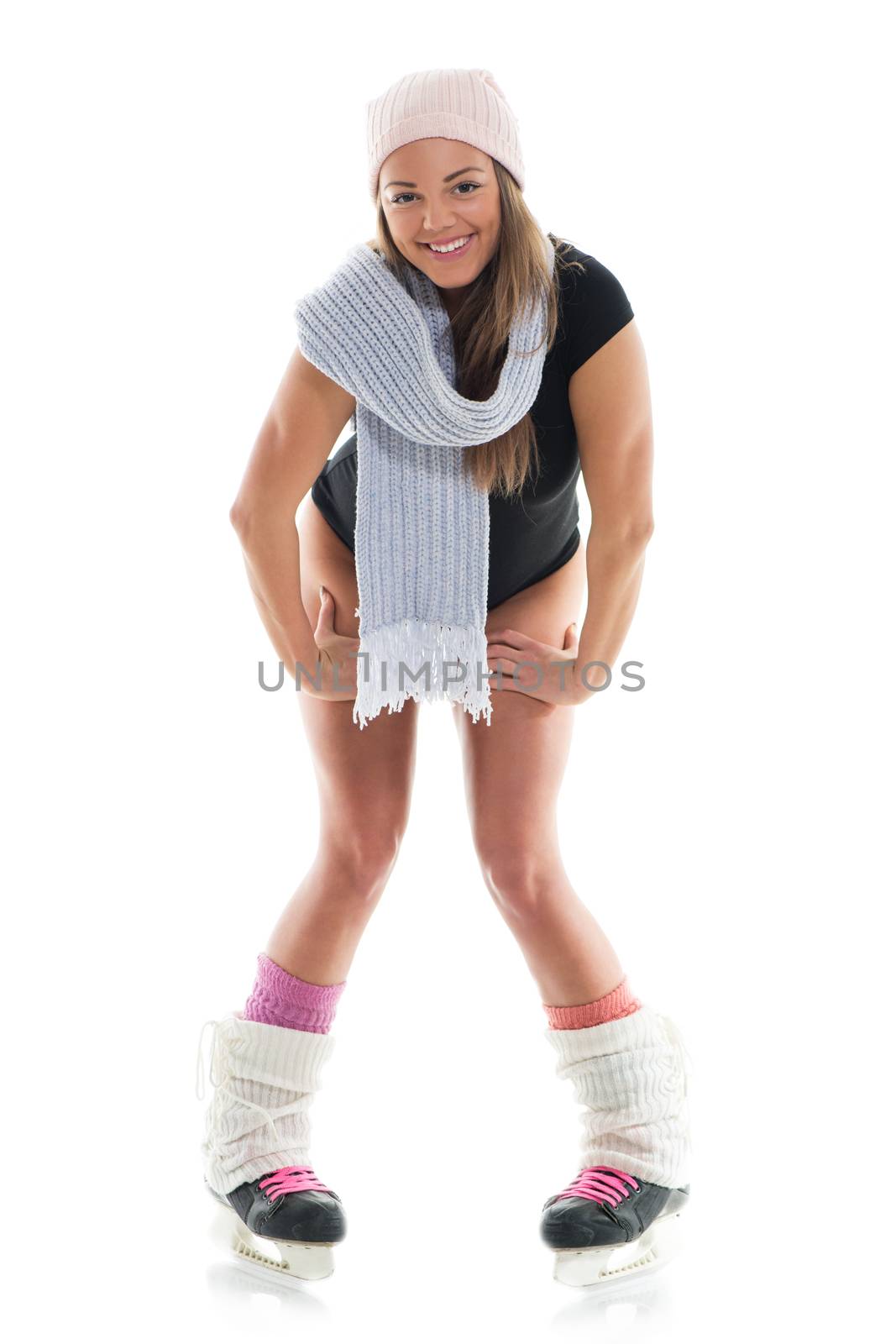 Young cute woman with Skates. White background