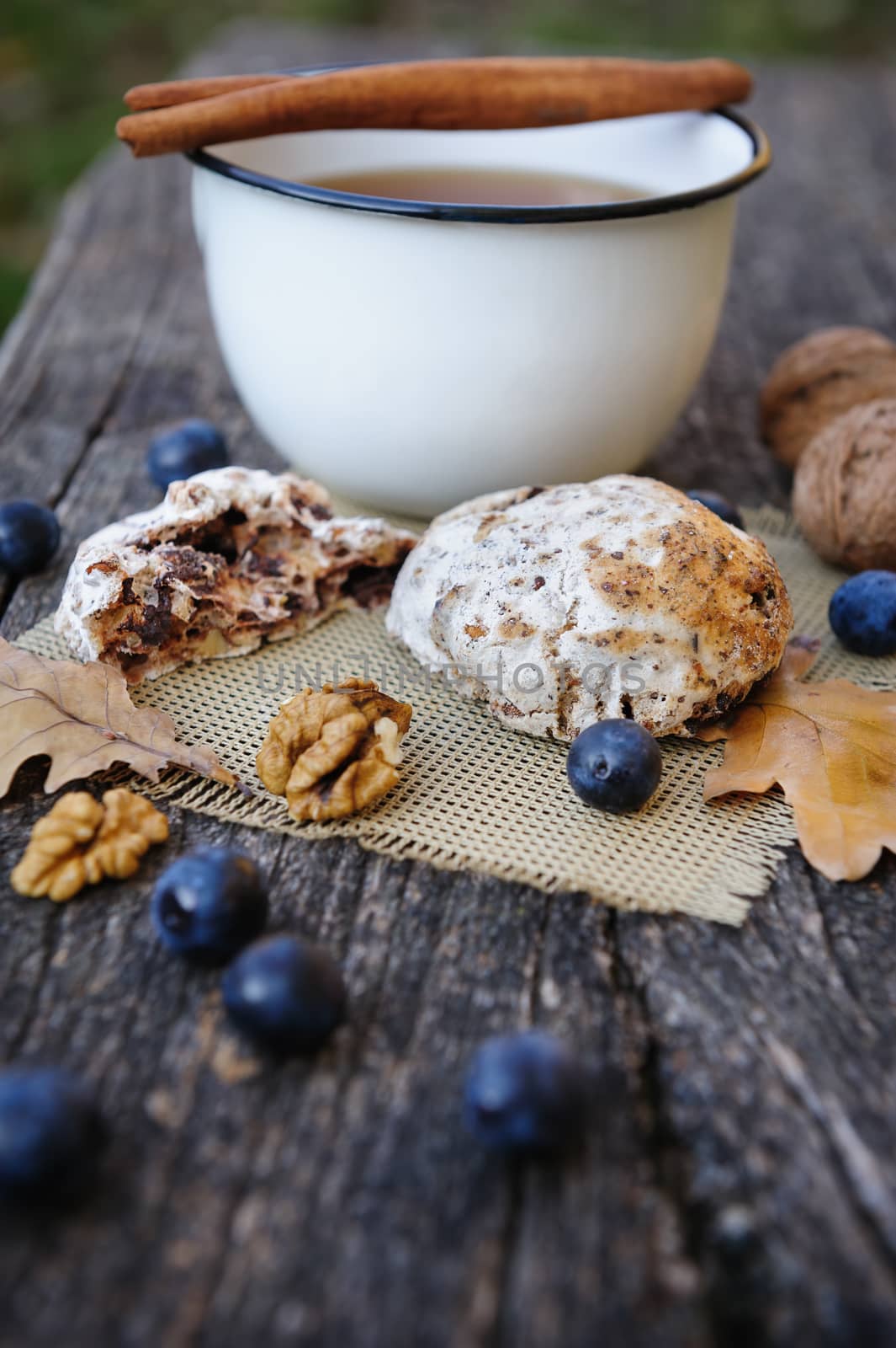 Romantic autumn still life with cookies, cup of tea, walnuts, blackthorn berries and leaves, in cold colors