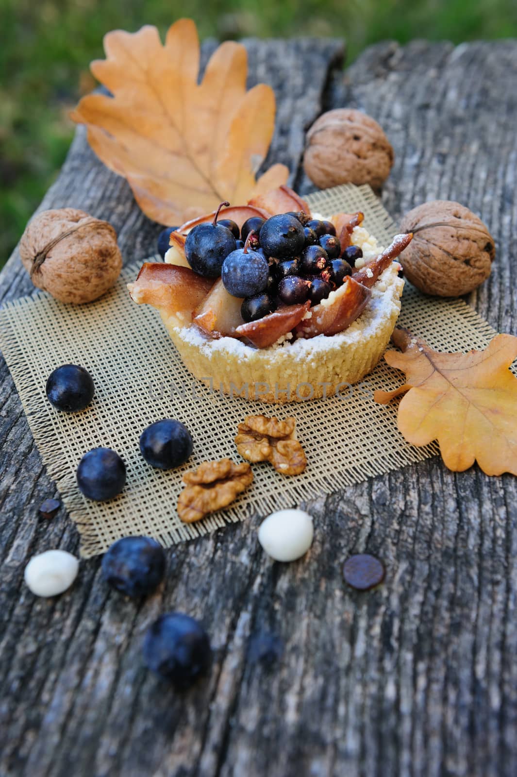 Romantic autumn still life with basket cake, walnuts, blackthorn berries and leaves, in cold colors