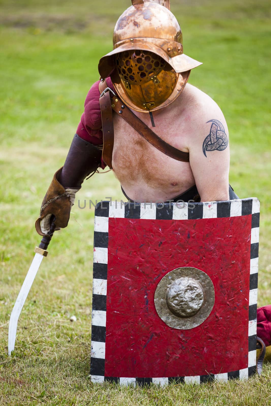 CALGARY CANADA JUN 13 2015:  The Military Museum organized "Summer Skirmish" event where an unidentified soldier is seen  in a historical Reenactment Battle. Gladiator fight.