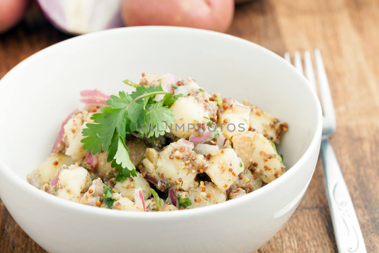 Potato salad freshly homemade without mayonaise.  Ingredients include cilantro olive oil vinegar whole grain dijon mustard red onions and potatoes. 