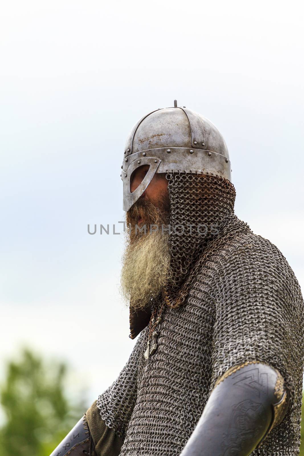 CALGARY CANADA JUN 13 2015: The Military Museum organized "Summer Skirmish" event where an unidentified soldier is seen in a historical Reenactment Battle. Viking solder in action.