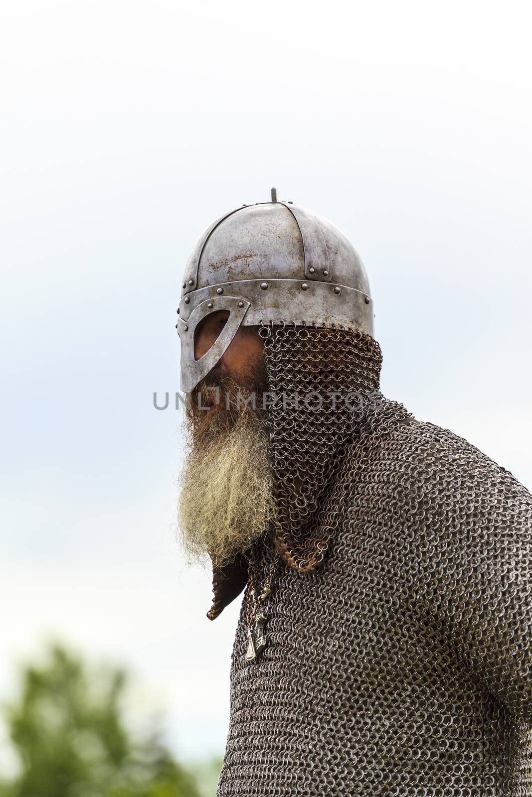 CALGARY CANADA JUN 13 2015: The Military Museum organized "Summer Skirmish" event where an unidentified soldier is seen in a historical Reenactment Battle. Viking solder in action.