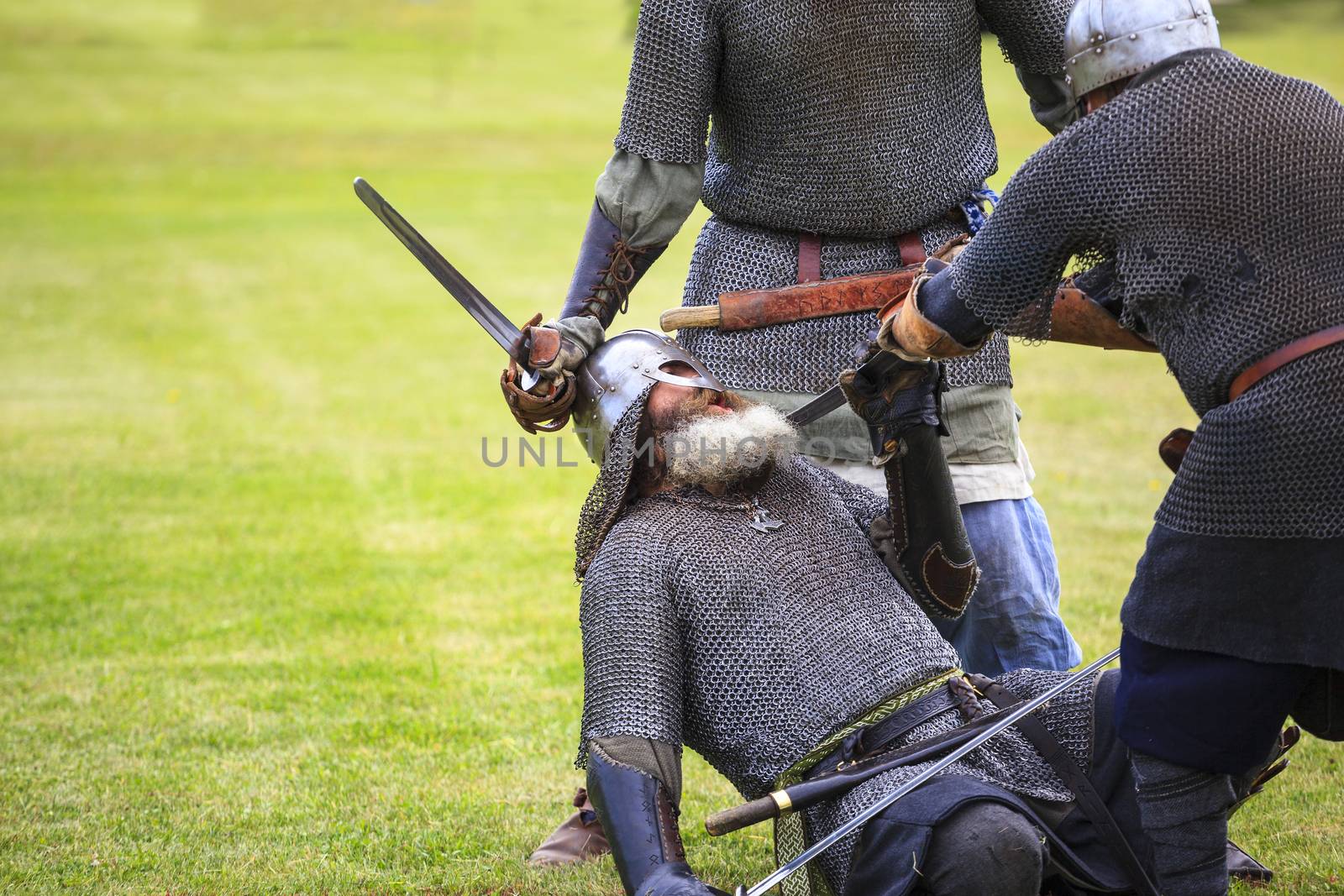 CALGARY CANADA JUN 13 2015: The Military Museum organized "Summer Skirmish" event where an unidentified soldier is seen in a historical Reenactment Battle. Viking solder in action.