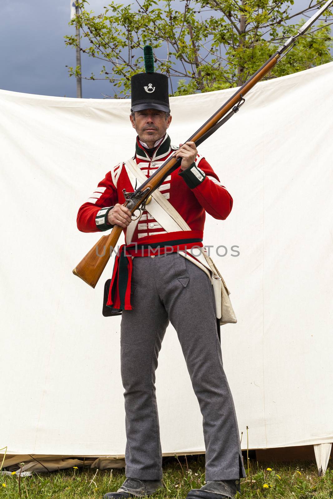 CALGARY CANADA JUN 13 2015:  The Military Museum organized "Summer Skirmish" event where an unidentified soldier is seen  in a historical Reenactment Battle.