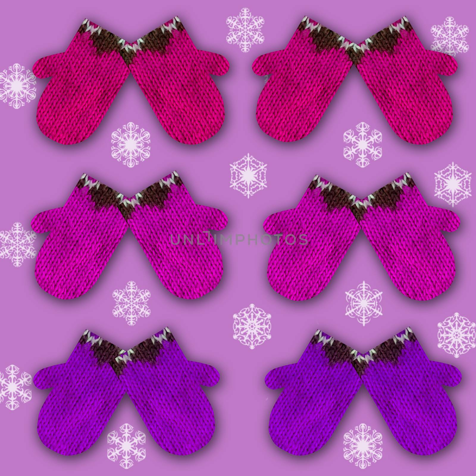  The pattern with decorative ornamented mittens on purple background with snowflakes
