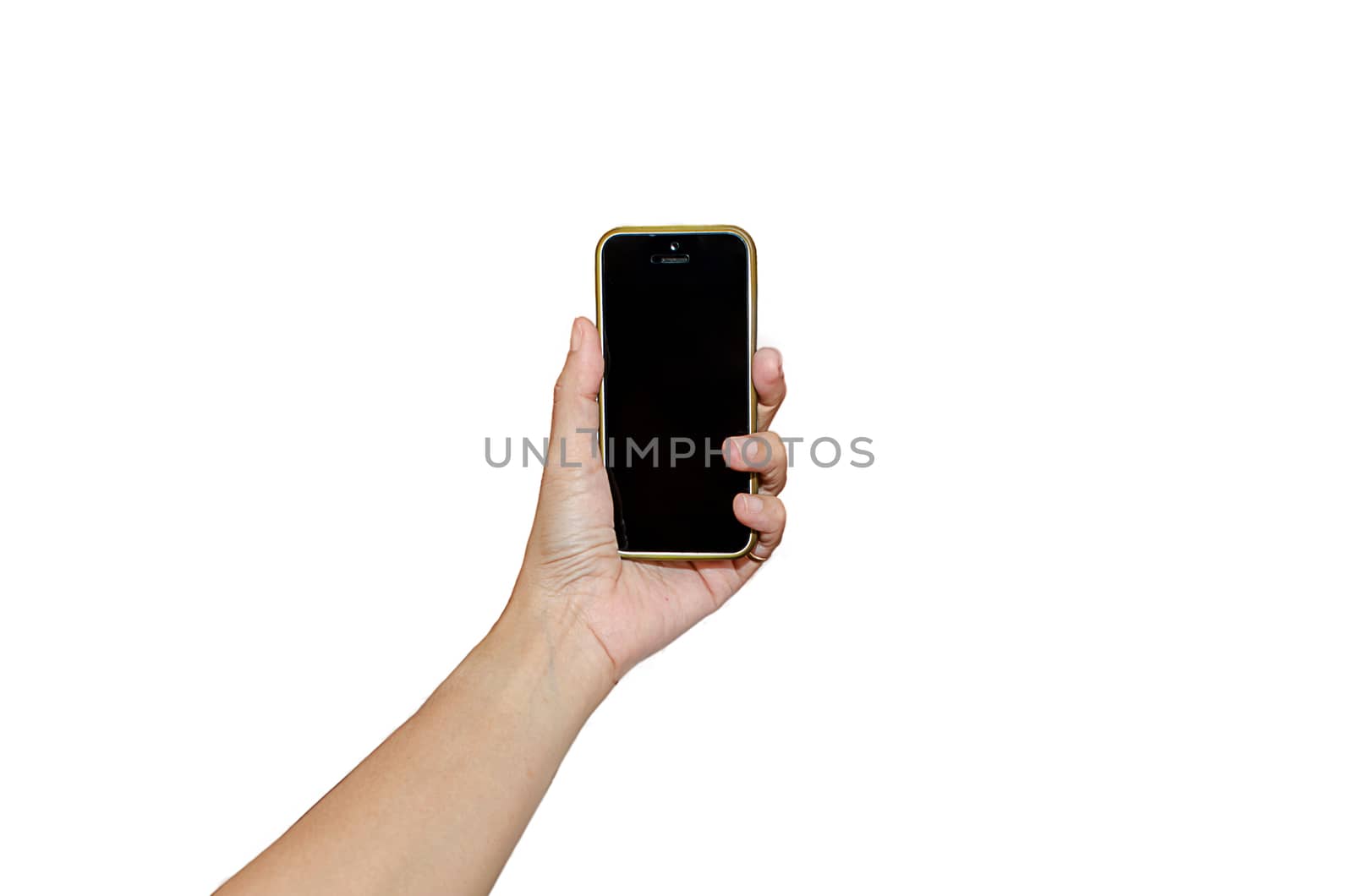 Hand holding smart phone isolated on white background