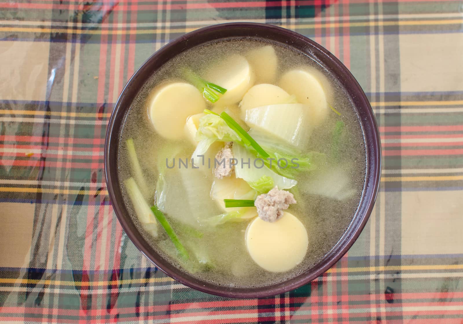 Thai food, Clear Soup with Vegetables and pork.