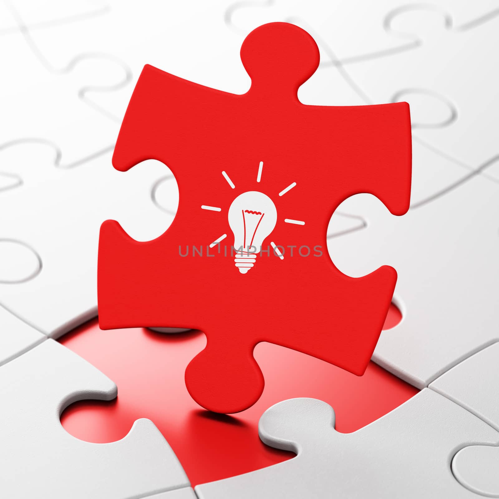 Business concept: Light Bulb on Red puzzle pieces background, 3d render