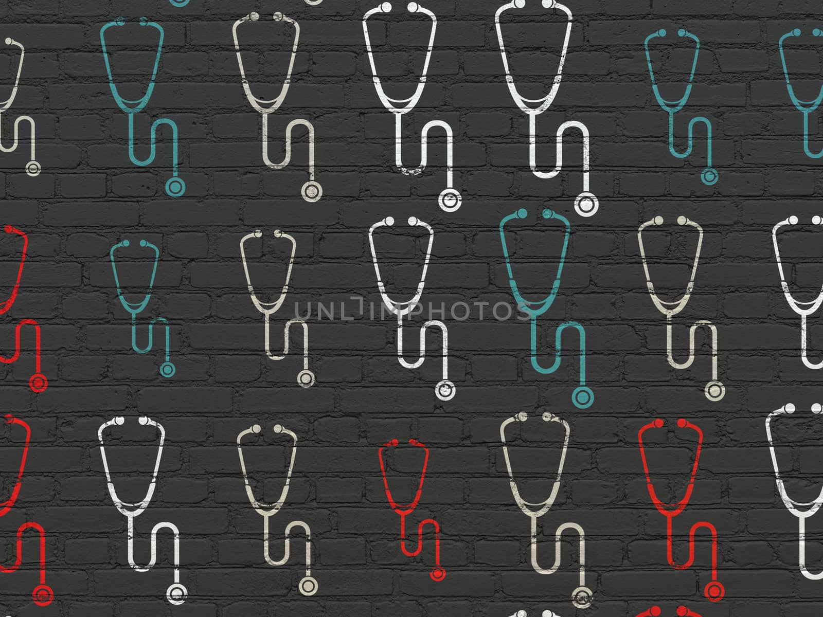 Medicine concept: Painted multicolor Stethoscope icons on Black Brick wall background