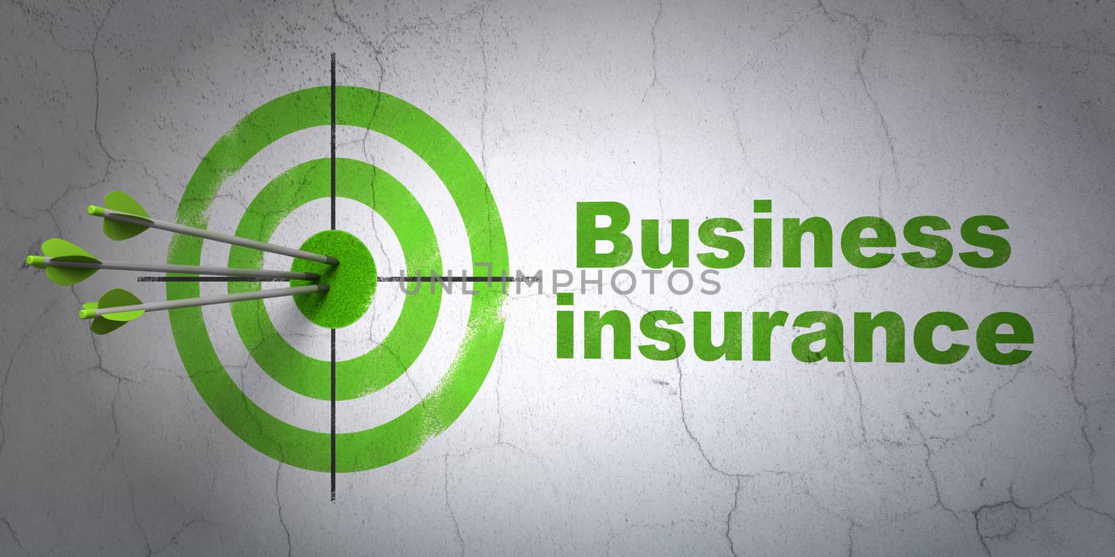 Success Insurance concept: arrows hitting the center of target, Green Business Insurance on wall background