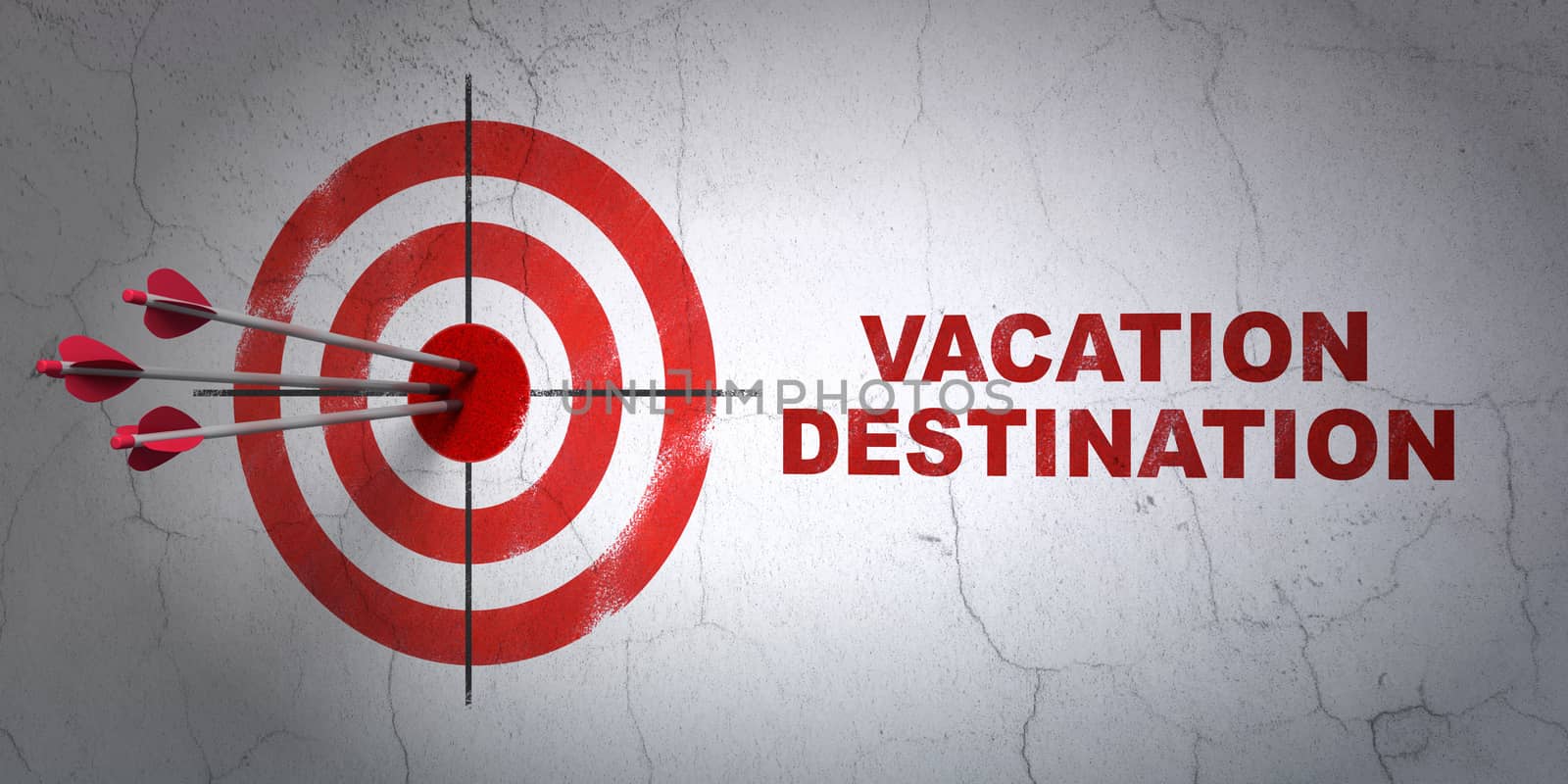 Success tourism concept: arrows hitting the center of target, Red Vacation Destination on wall background