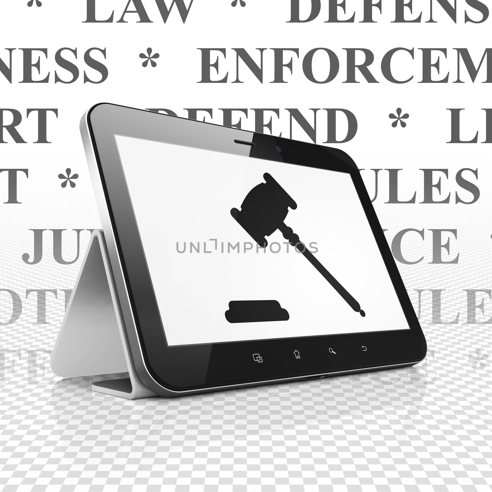 Law concept: Tablet Computer with  black Gavel icon on display,  Tag Cloud background