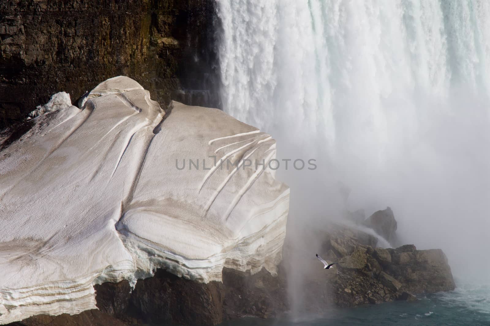 The waterfall, snow and rocks background