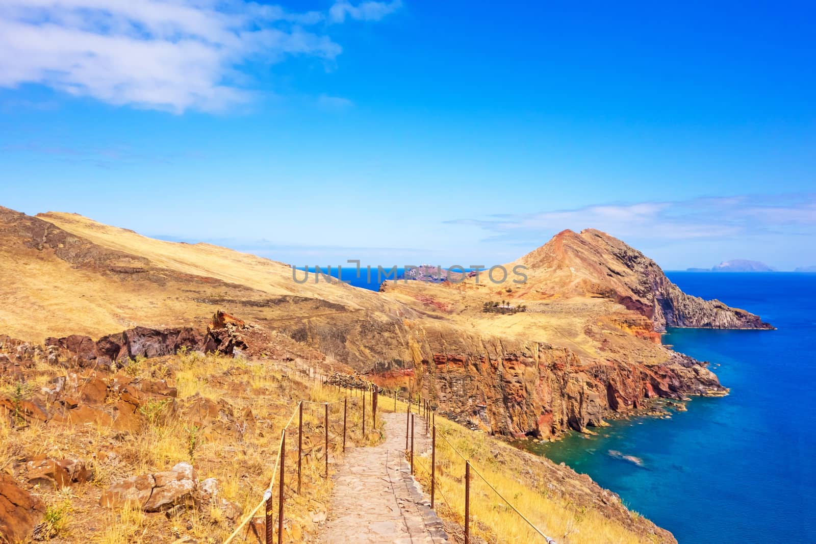 Mountainous landscape - peninsula Ponta de Sao Lourenco - east of Madeira. Hiking trail in front.