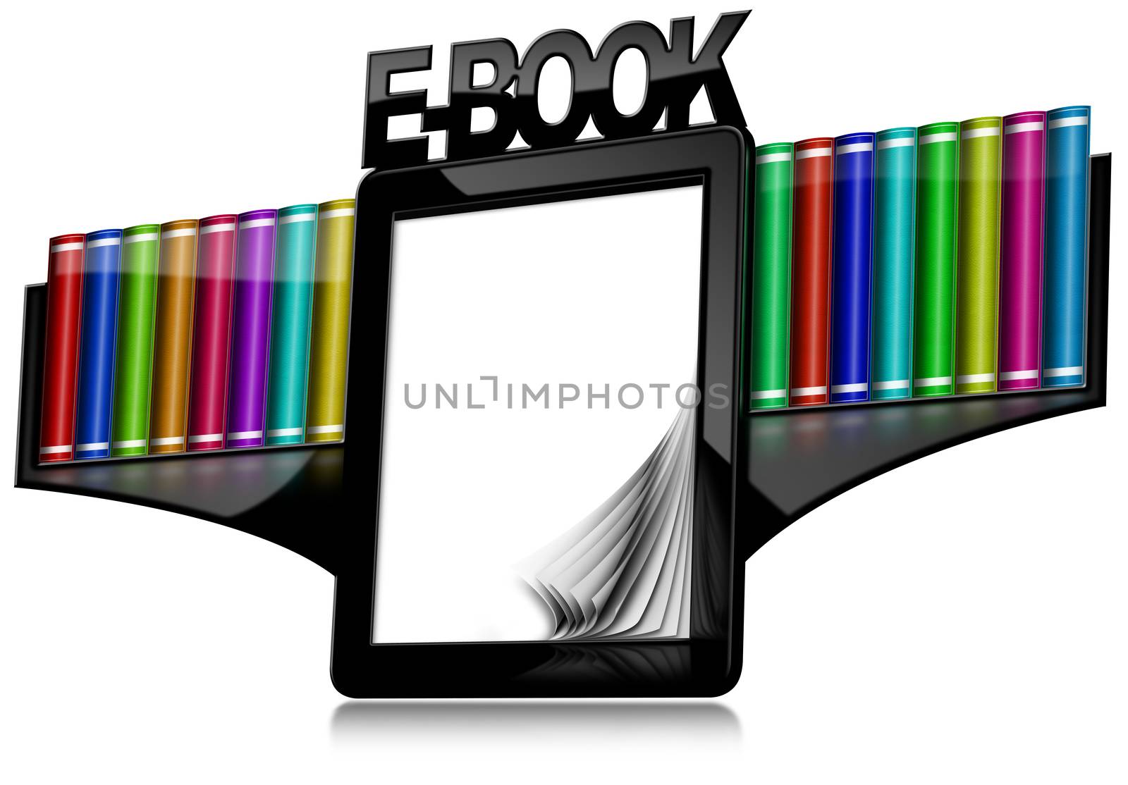 Black ebook reader with blank curled pages, text Ebook and a library with colorful books to the sides. Isolated on white background