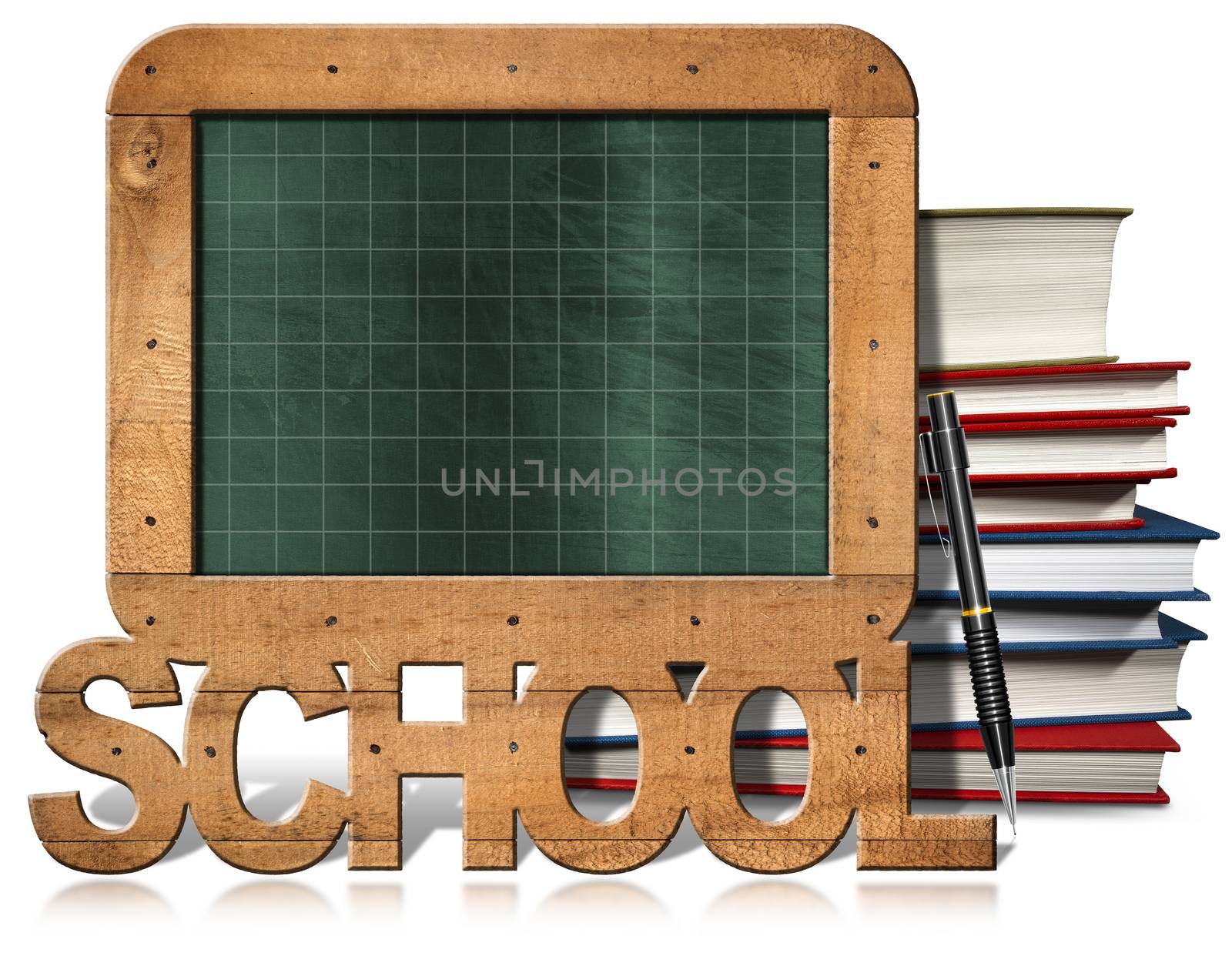 Old empty and green blackboard with wooden rectangular frame, text School, books, and pencil. Isolated on white background