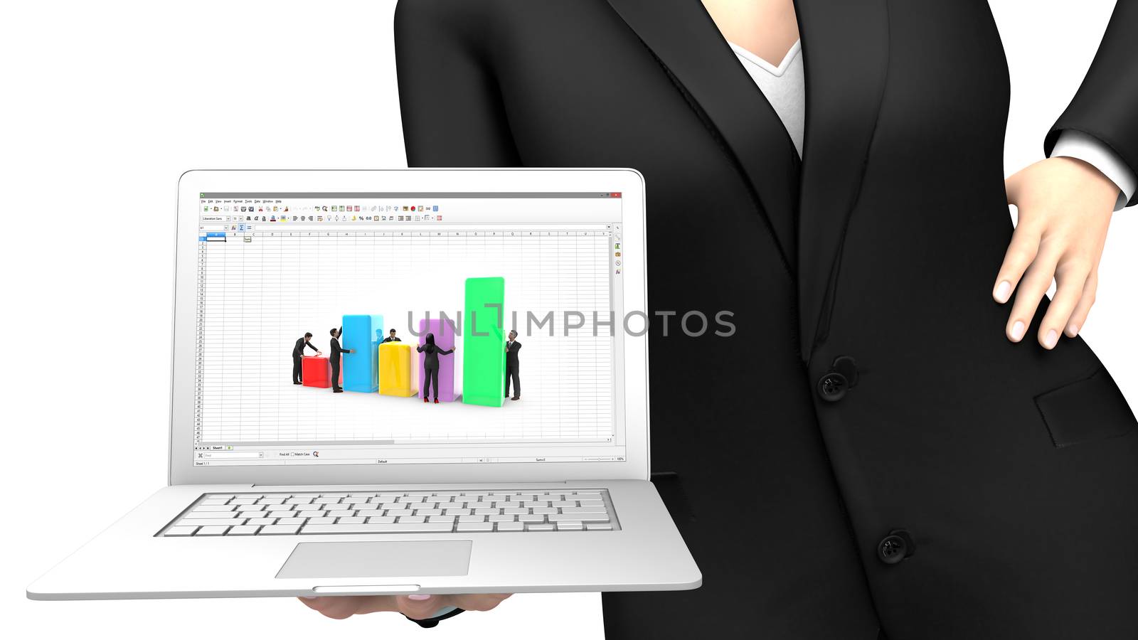 Business woman showing a laptop with a spreadsheet elaborated by a team